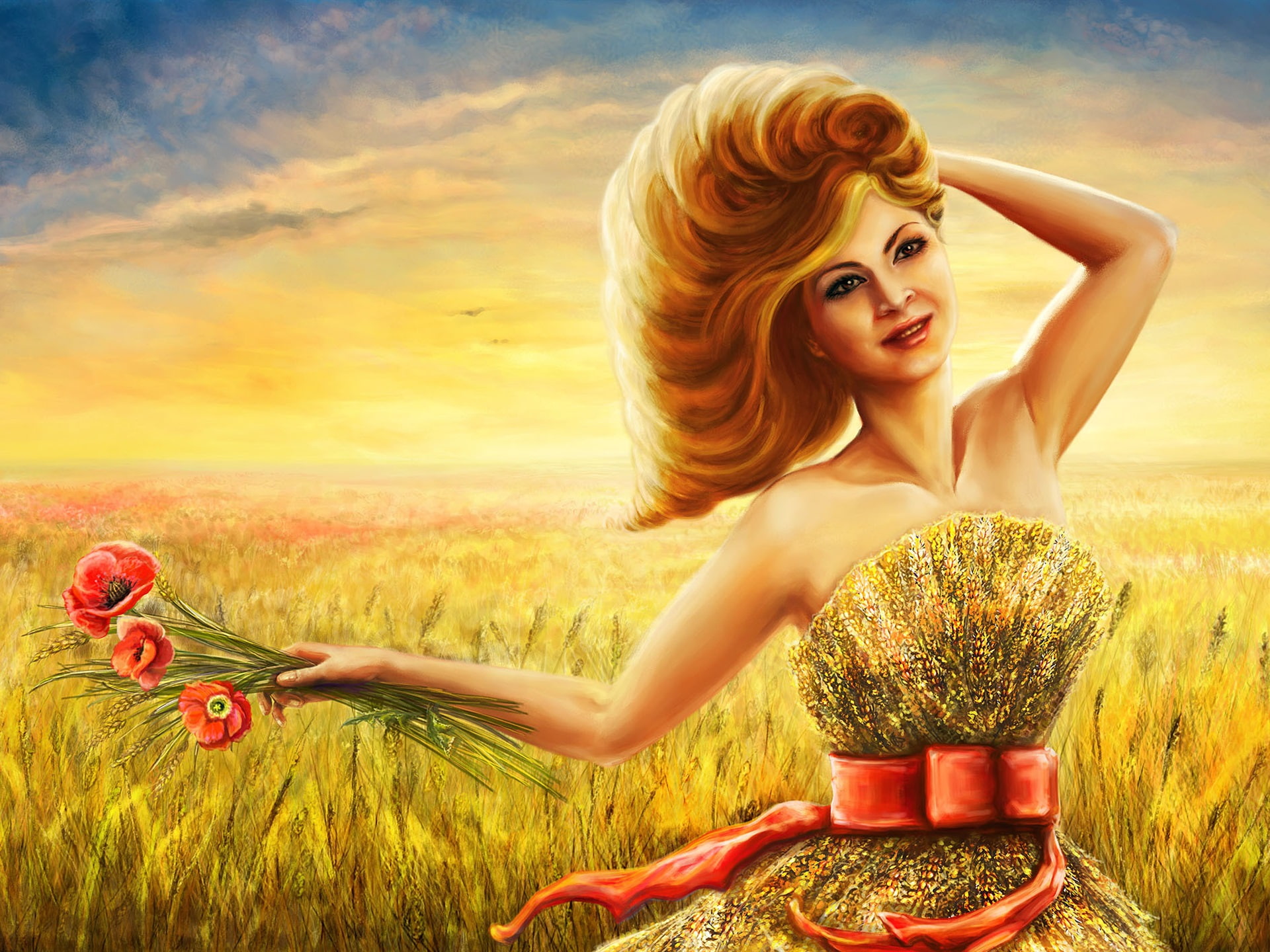 Drawing, Smile, Girl, Art, Wheat, Summer, Field, 1080P, HD Wallpaper