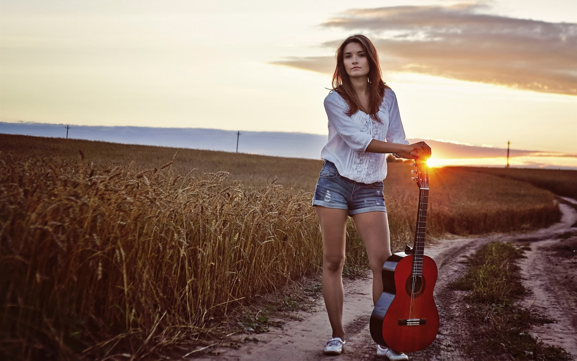 daisy, s, blouse, dukes, blue, outfit, sleeve, women, Guitar, Sunset, Fields, white, Girl, Hair, 1080P, Long, HD Wallpaper