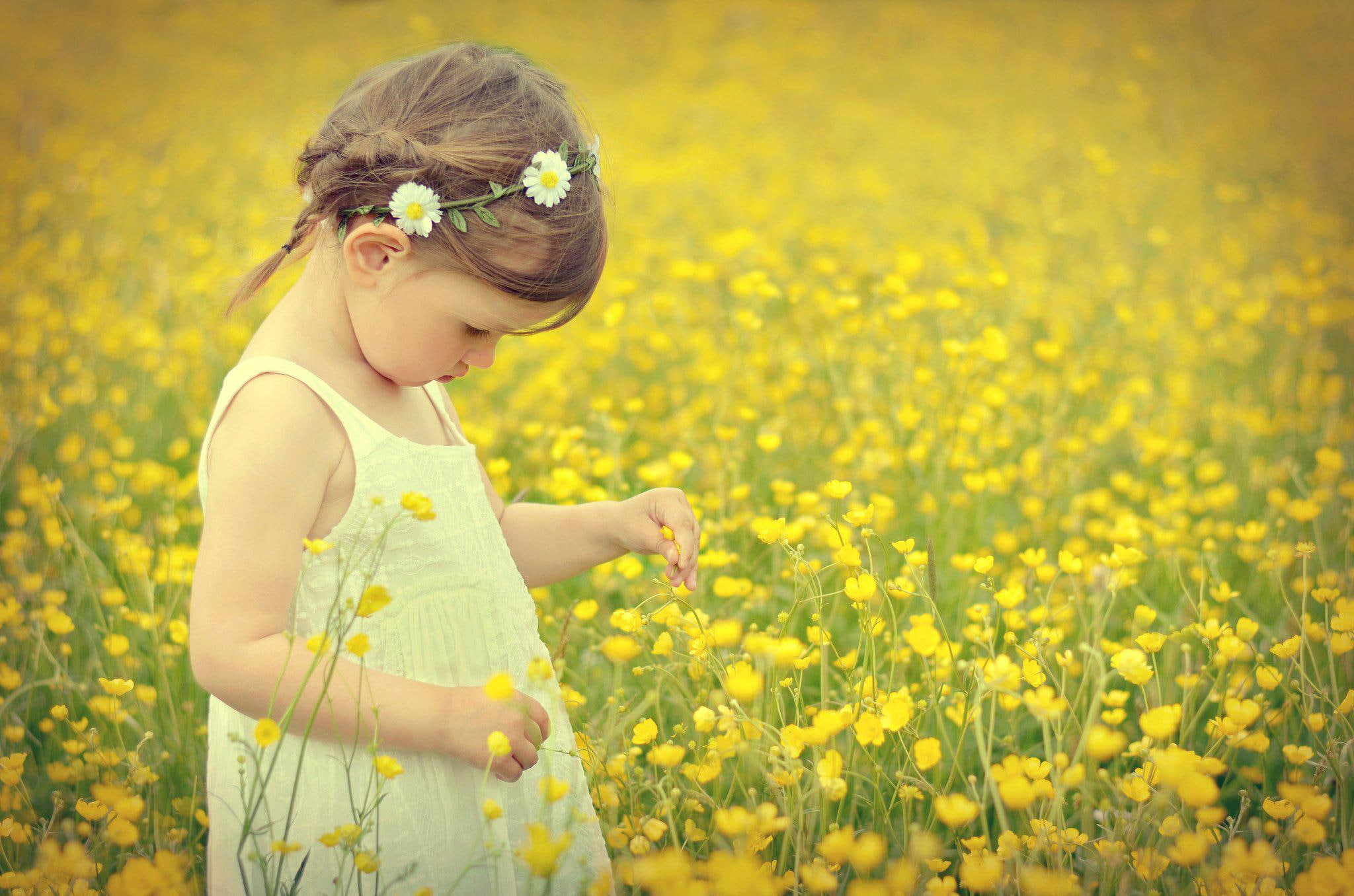 mood, children, 1080P, flowers, wide, girl, field, HD Wallpaper