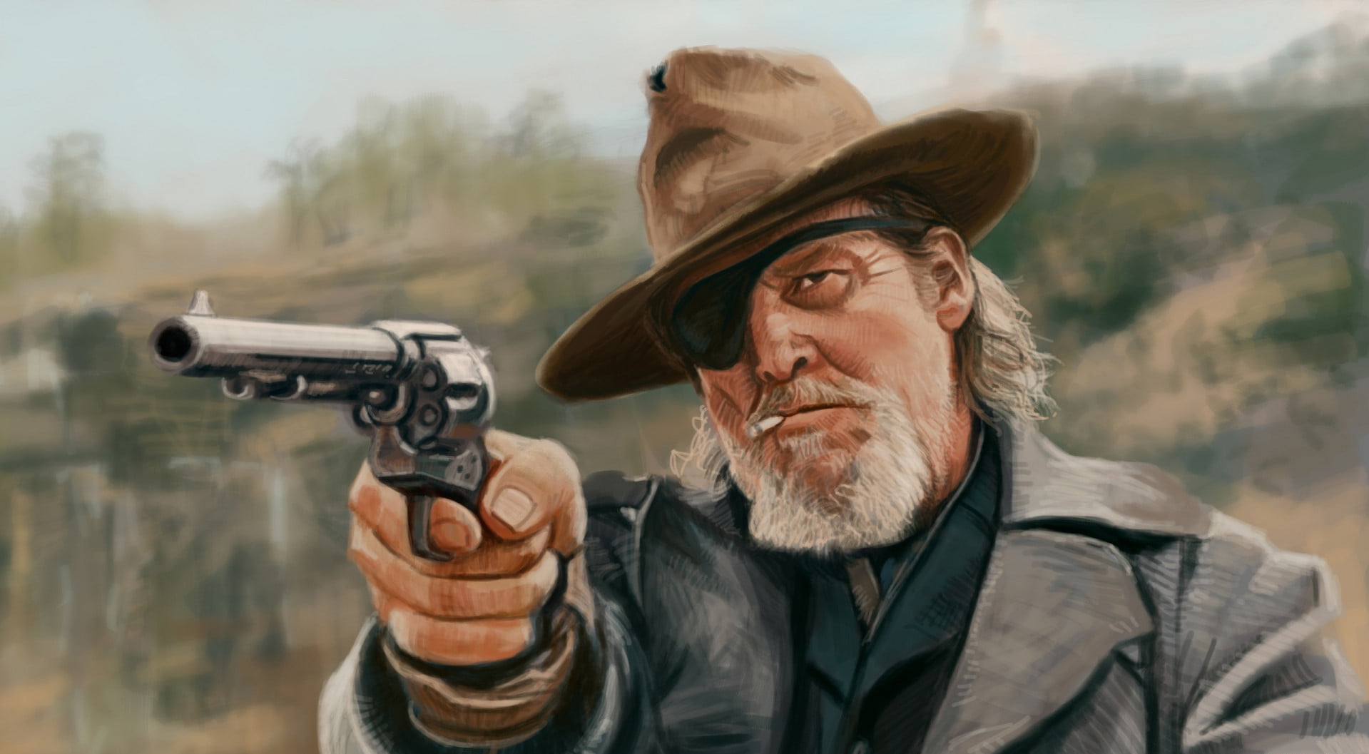 western, True Grit (Movies), 720P, 2011 (Year), Jeff Bridges, men, movies, revolver, artwork, eyepatches, HD Wallpaper