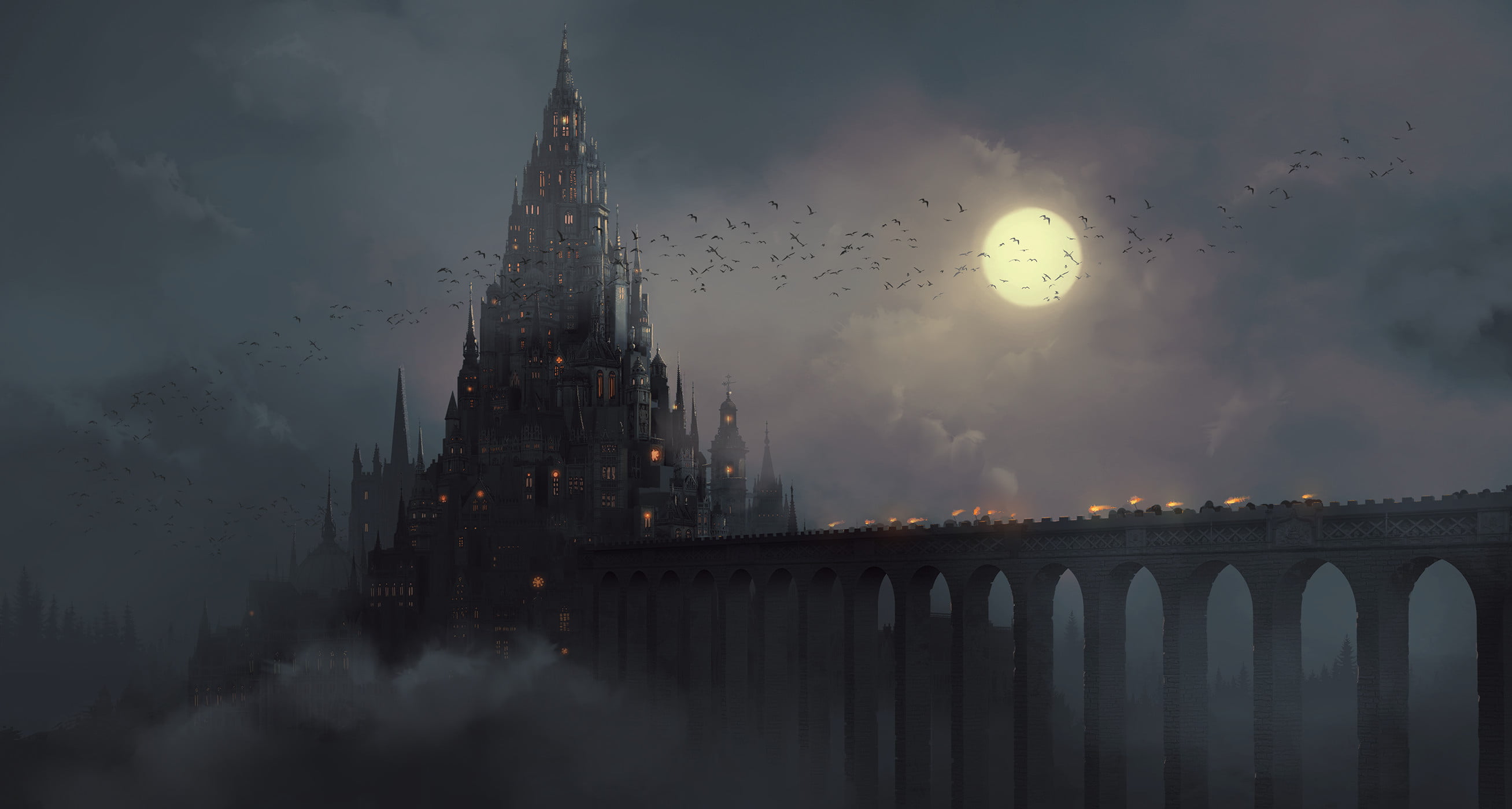 flying, clouds, Moon, ArtStation, castle, 2K, bridge, artwork, bats, Jeff Miller, night, digital art, mist, birds, smoke, HD Wallpaper