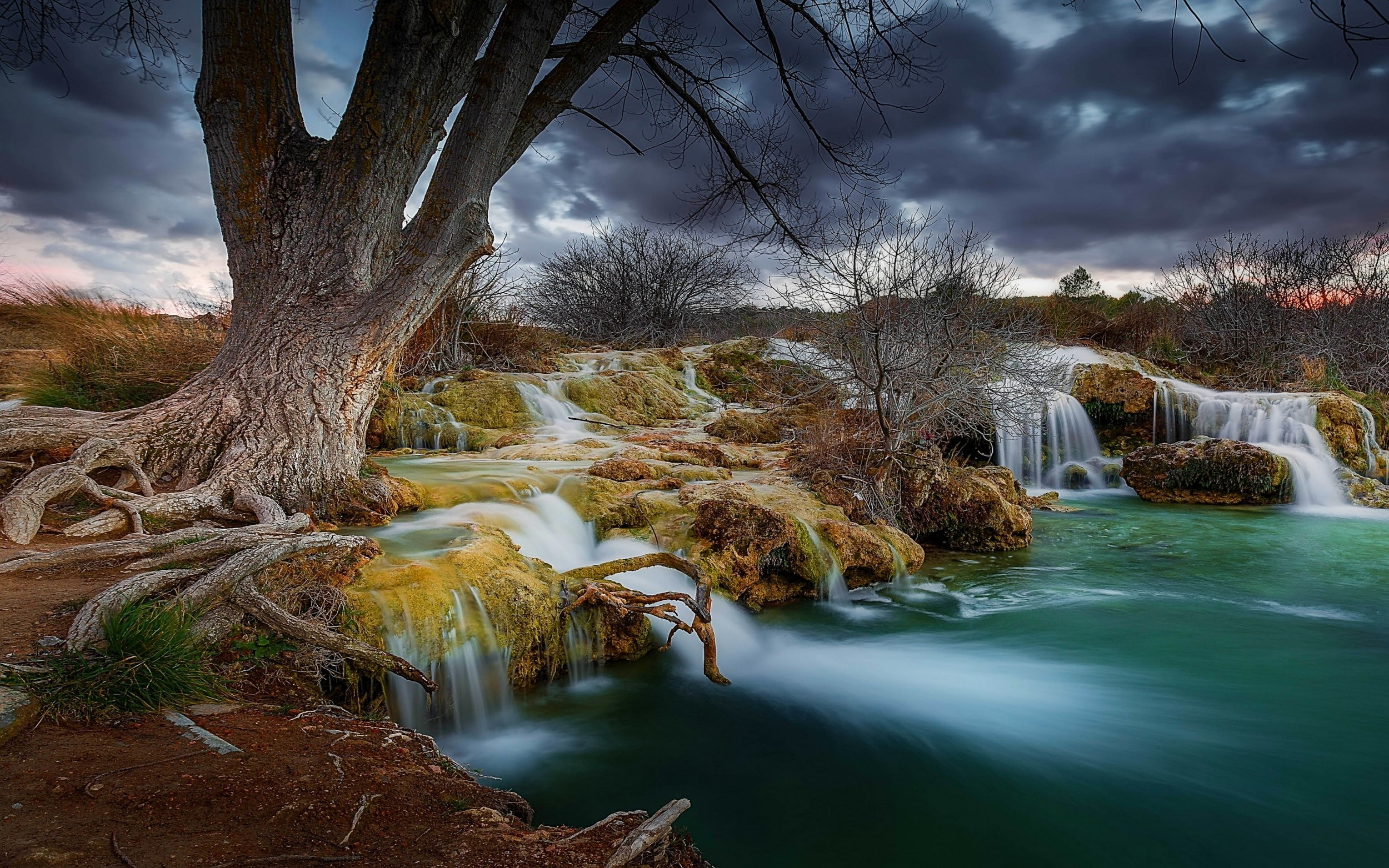no people, land, tree trunk, flowing water, river, tranquil scene, non-urban scene, fairy tale, waterfall, 1080P, nature, scenics - nature, plant, clouds, HD Wallpaper