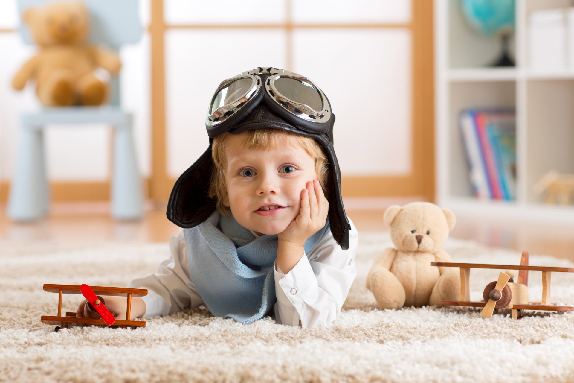 Aviator Helmet, Blue Eyes, Boy, Child, Photography, Depth Of Field, 1080P, Toy, Little Boy, Teddy Bear, HD Wallpaper