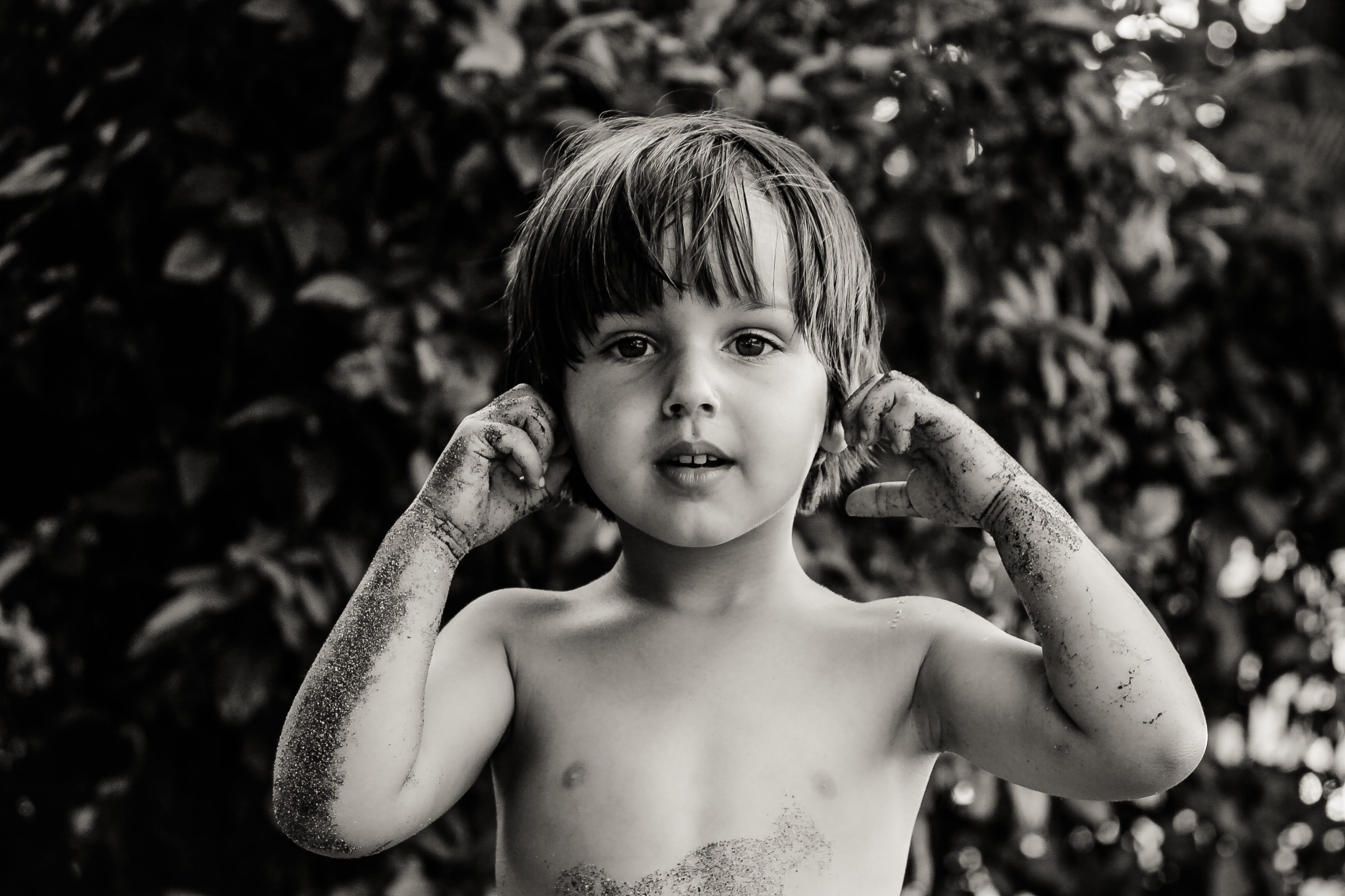 real people, lifestyle, black And White, ears, leisure activity, females, standing, grayscale, one boy only, boys, people, childhood, shirtless, day, concepts And Ideas, HD Wallpaper