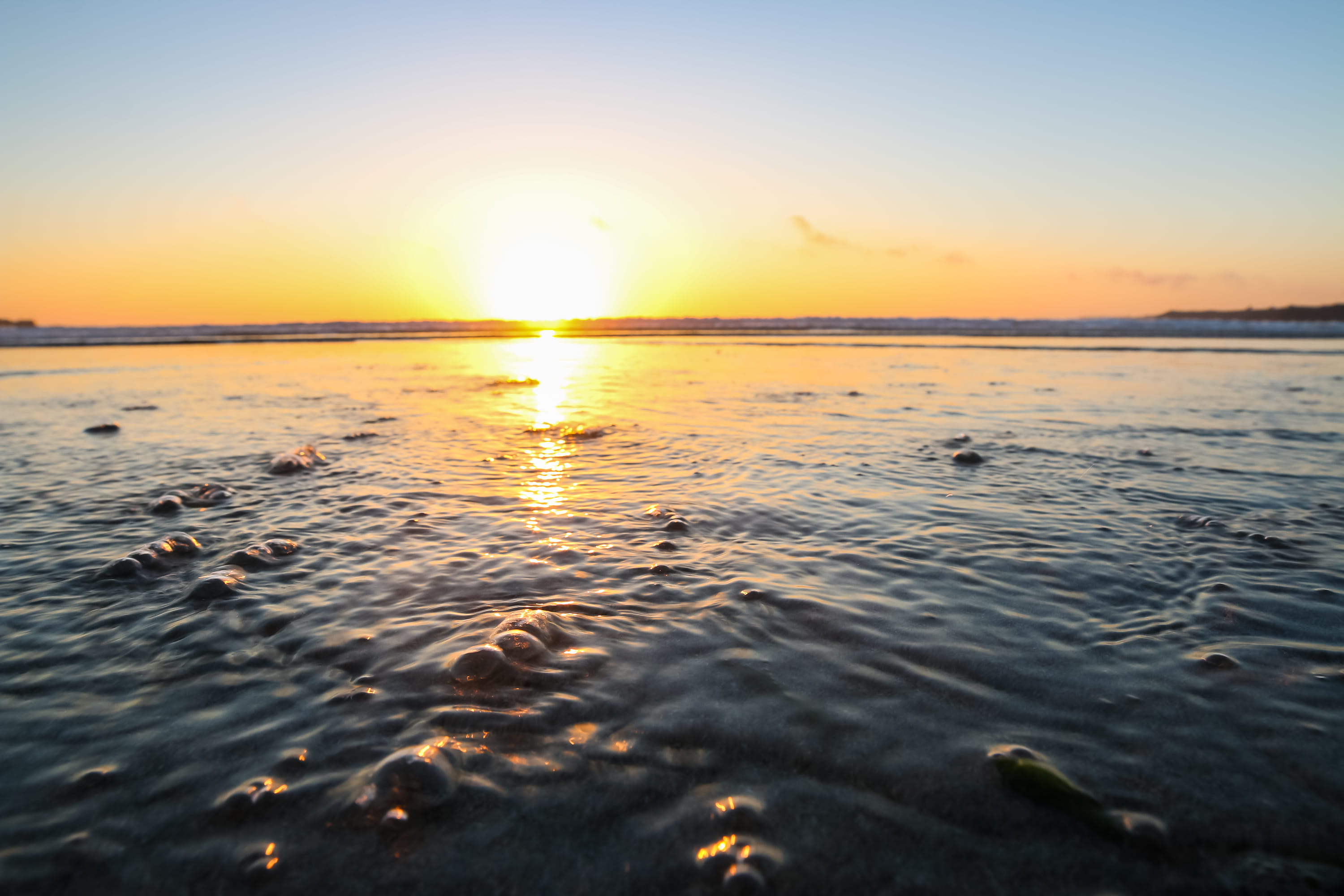 sunset, outdoors, seaside, rippled, reflection, beach, horizon over water, coast, no people, tranquility, scenics - nature, tranquil scene, idyllic, waterfront, HD Wallpaper