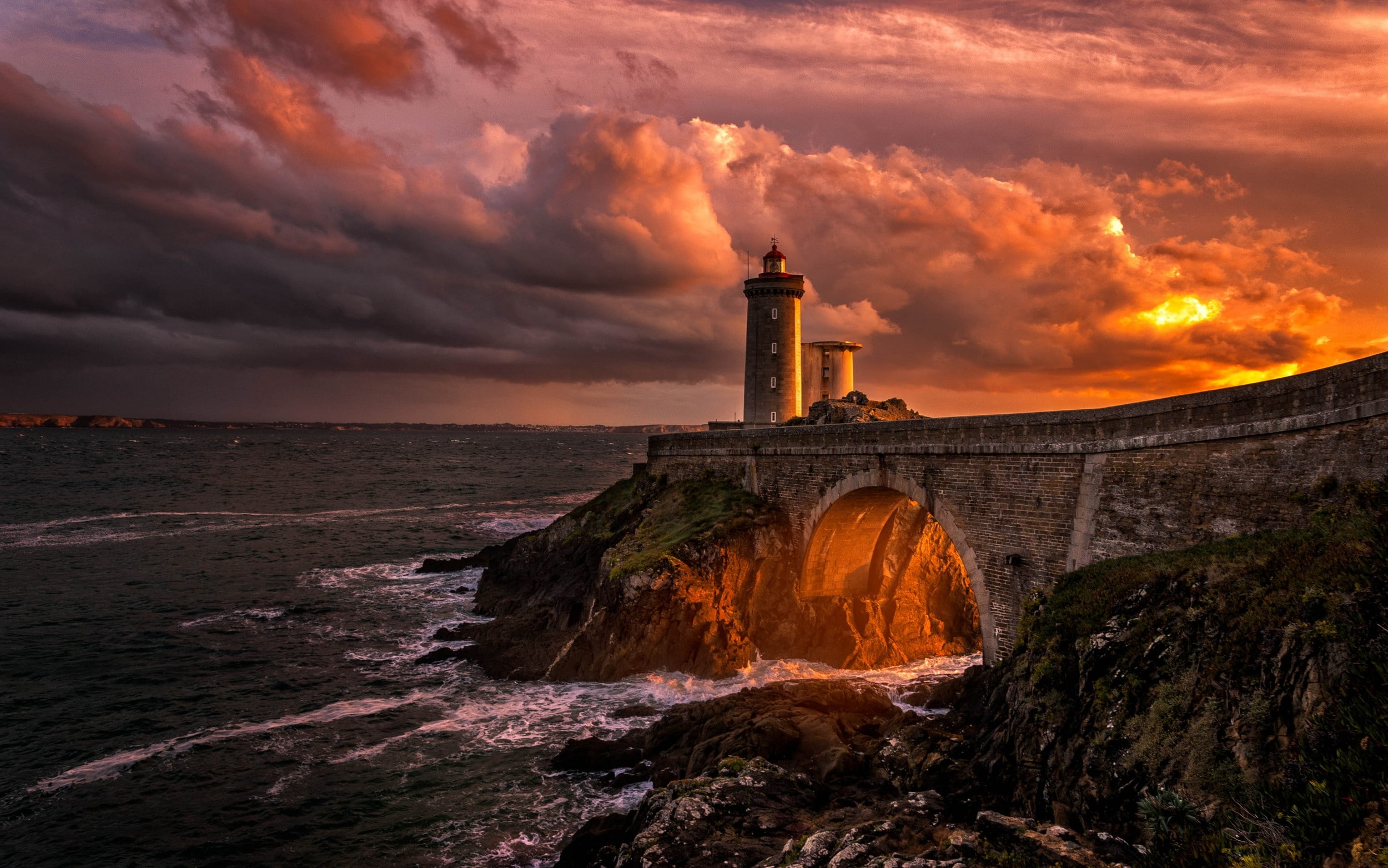 rock, nature, sunset, gold, lighthouse, 1080P, France, clouds, landscape, coast, sea, bridge, HD Wallpaper