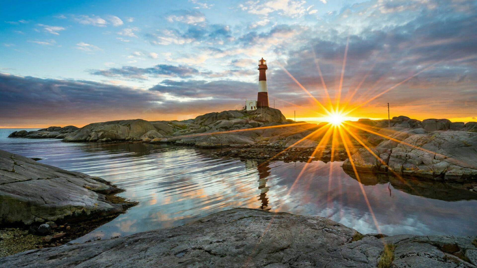 1080P, tower, reflection, sky, sunset, lighthouse, europe, egersund, sea, coast, shore, rogaland, norway, HD Wallpaper