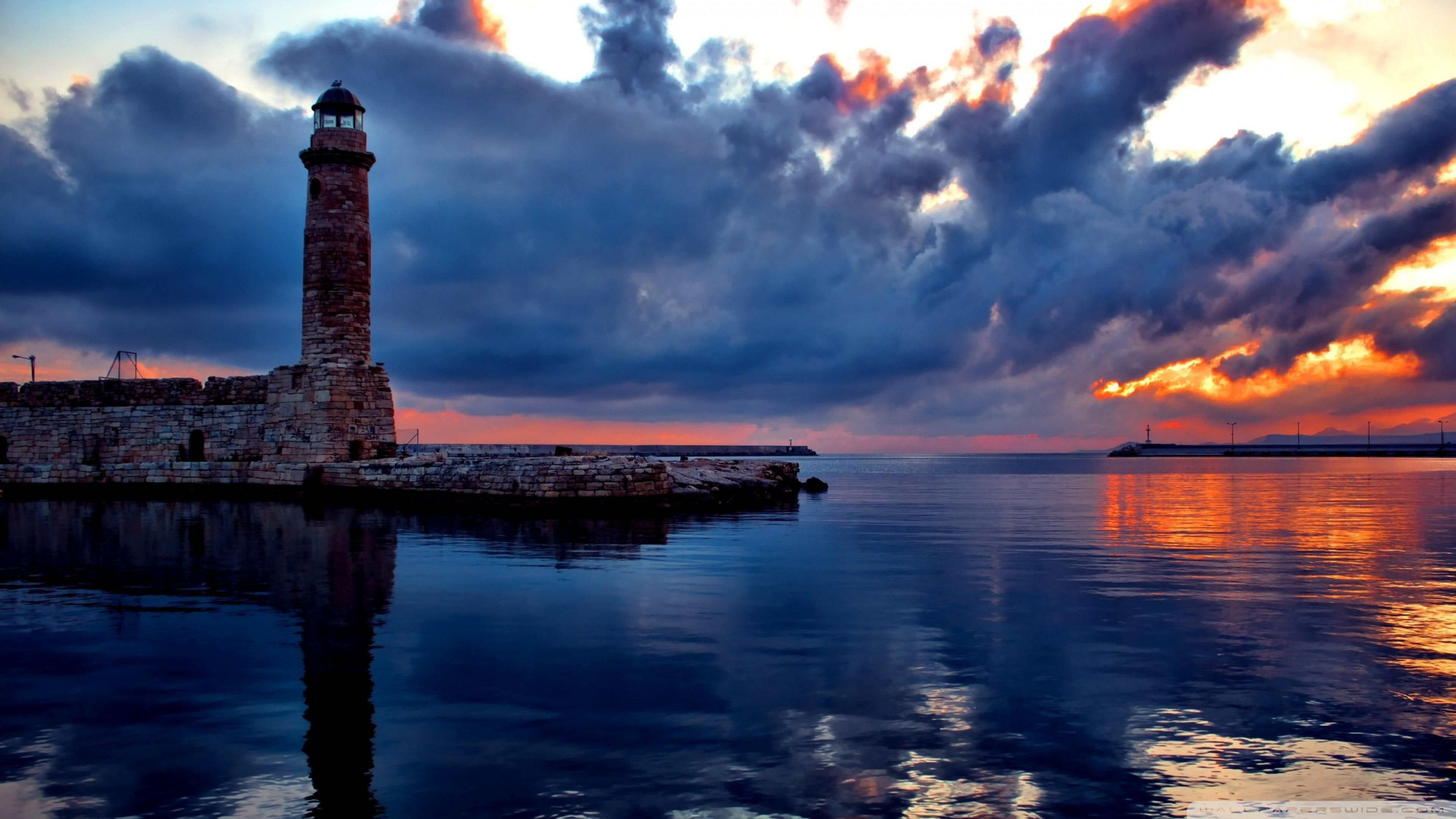 sky, lighthouse, 4K, sunset, bay, cloudy, coast, HD Wallpaper