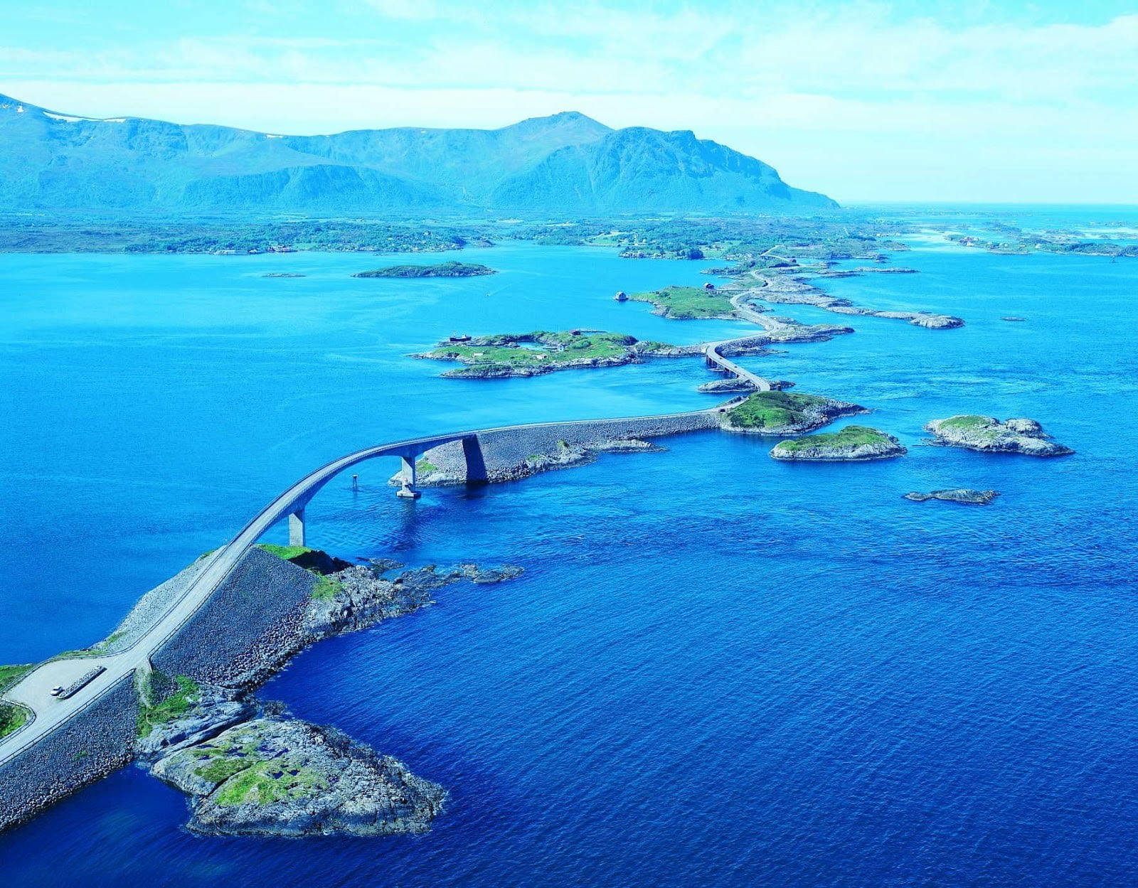 road, high angle view, architecture, Atlanterhavsveien, no people, water, blue, highway, nautical vessel, sky, nature, cloud - sky, sea, body, day, outdoors, HD Wallpaper