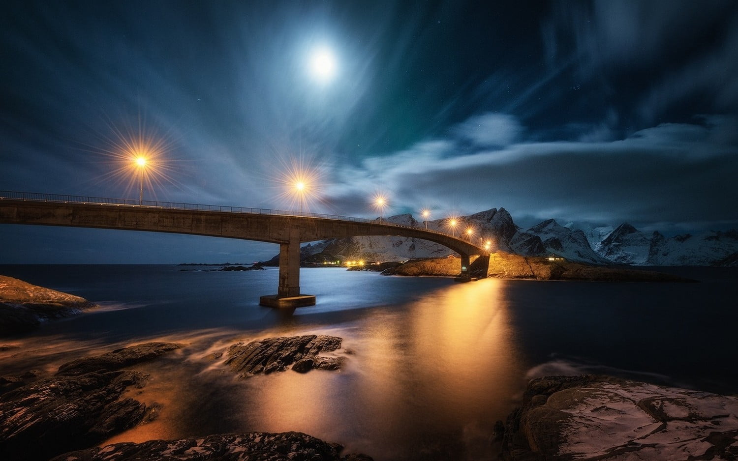 sky, mountains, fjord, scenics - nature, gray, bridge, long exposure, architecture, 720P, illuminated, moonlight, night, city, clouds, Norway, outdoors, HD Wallpaper
