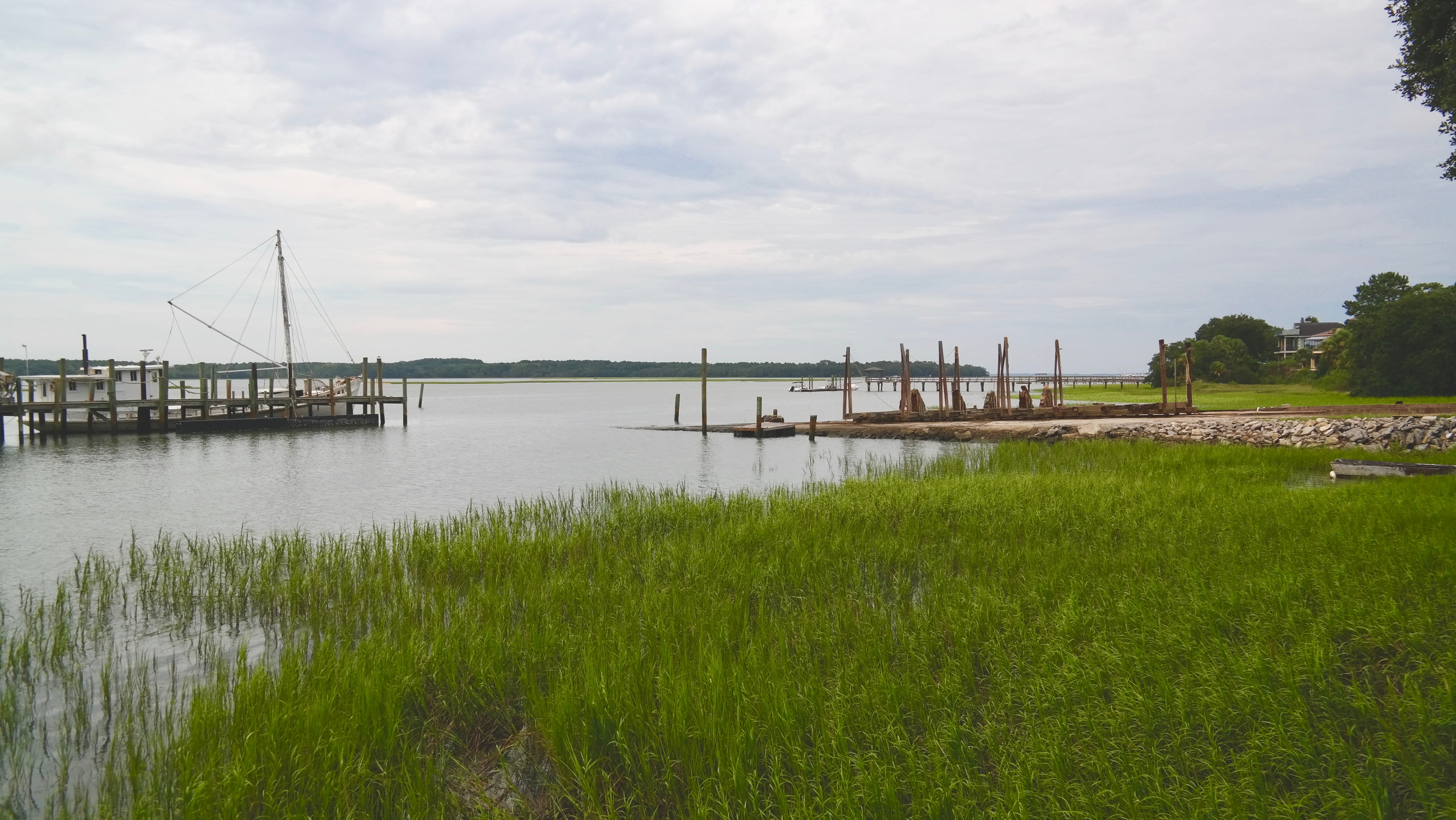 growth, grass, united states, pier, cloud - sky, beauty in nature, plant, tranquility, tranquil scene, green color, south carolina, sound, land, built structure, HD Wallpaper