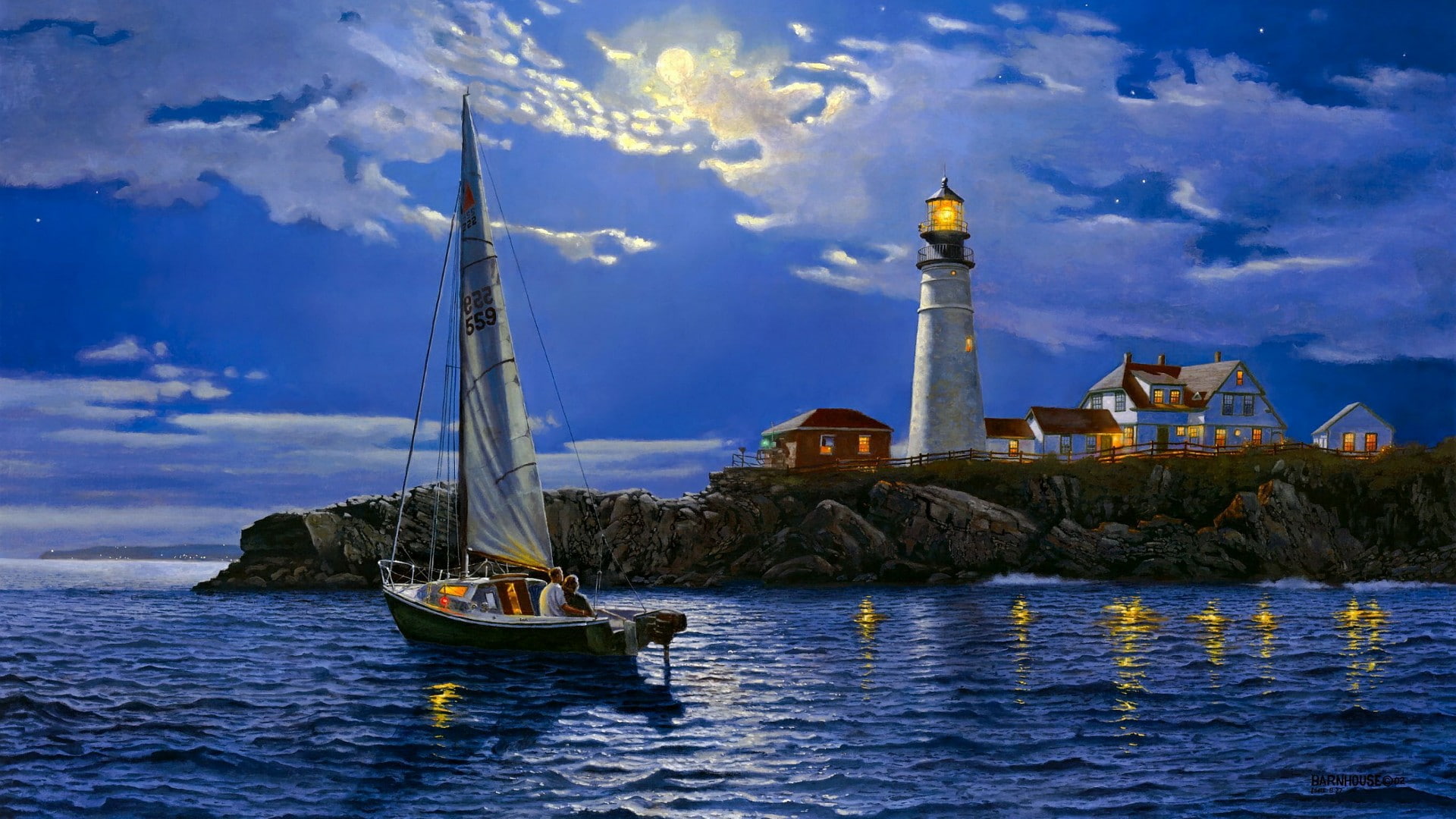 sailing, sky, painting, cloud, calm, moonlight, ocean, sailboat, portland head light, full moon, water, coast, 1080P, tower, painting art, boat, evening, HD Wallpaper