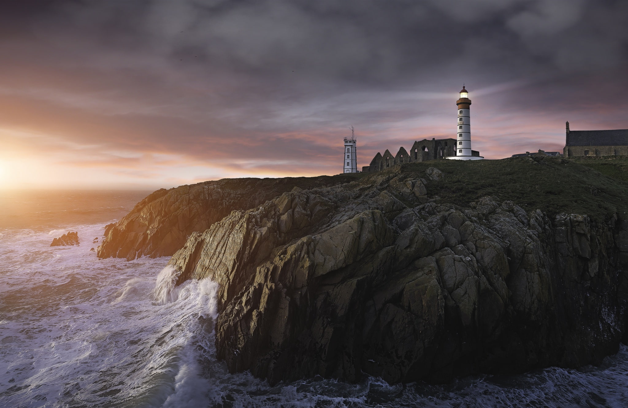 1080P, coast, sea, Pointe de Saint-Mathieu, cliff, sky, lighthouse, HD Wallpaper