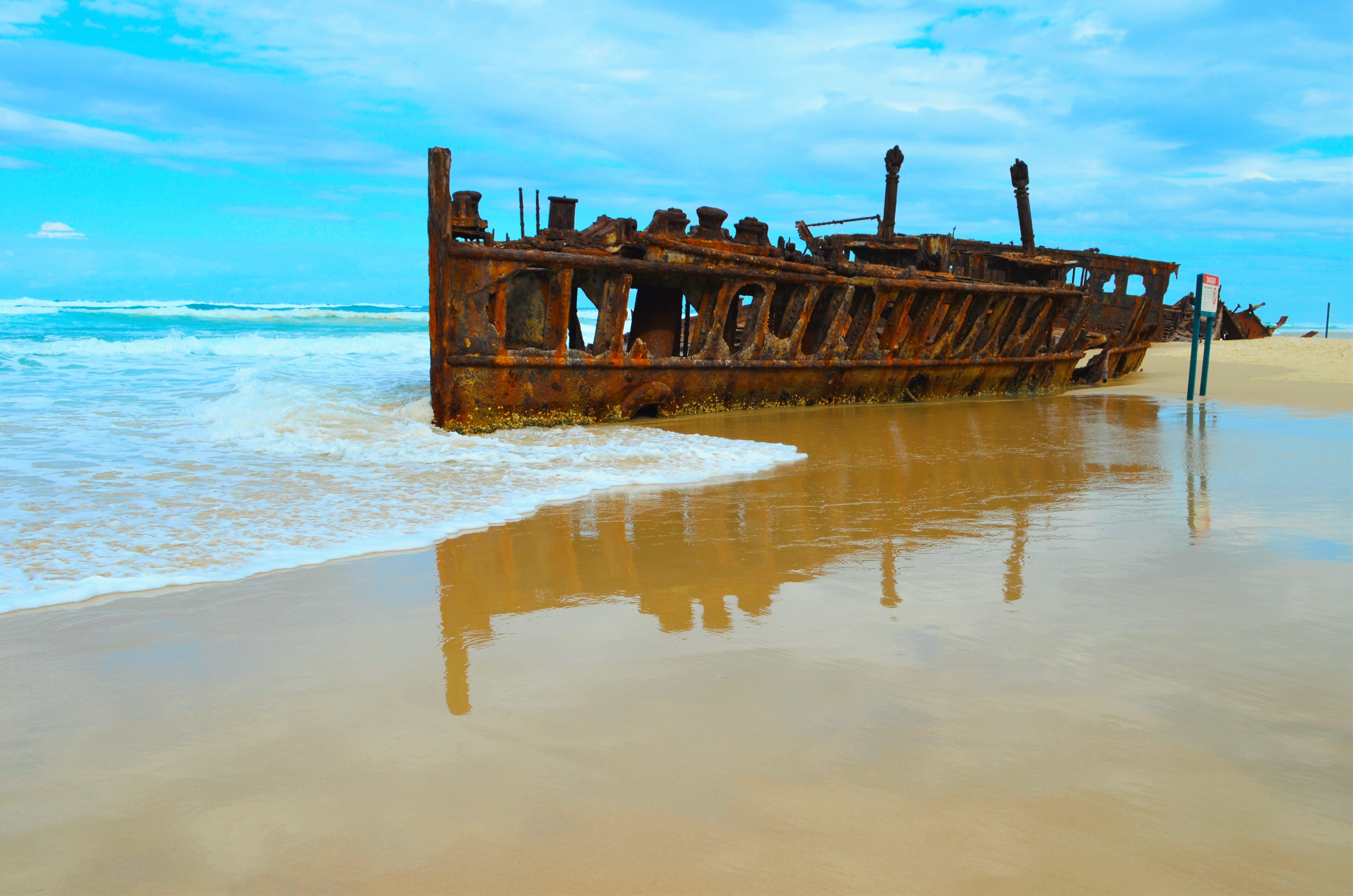 water, reflection, wreck, cloud - sky, kgari, mahino, mode of transportation, deterioration, abandoned, sea, coast, nature, ruined, outdoors, obsolete, HD Wallpaper