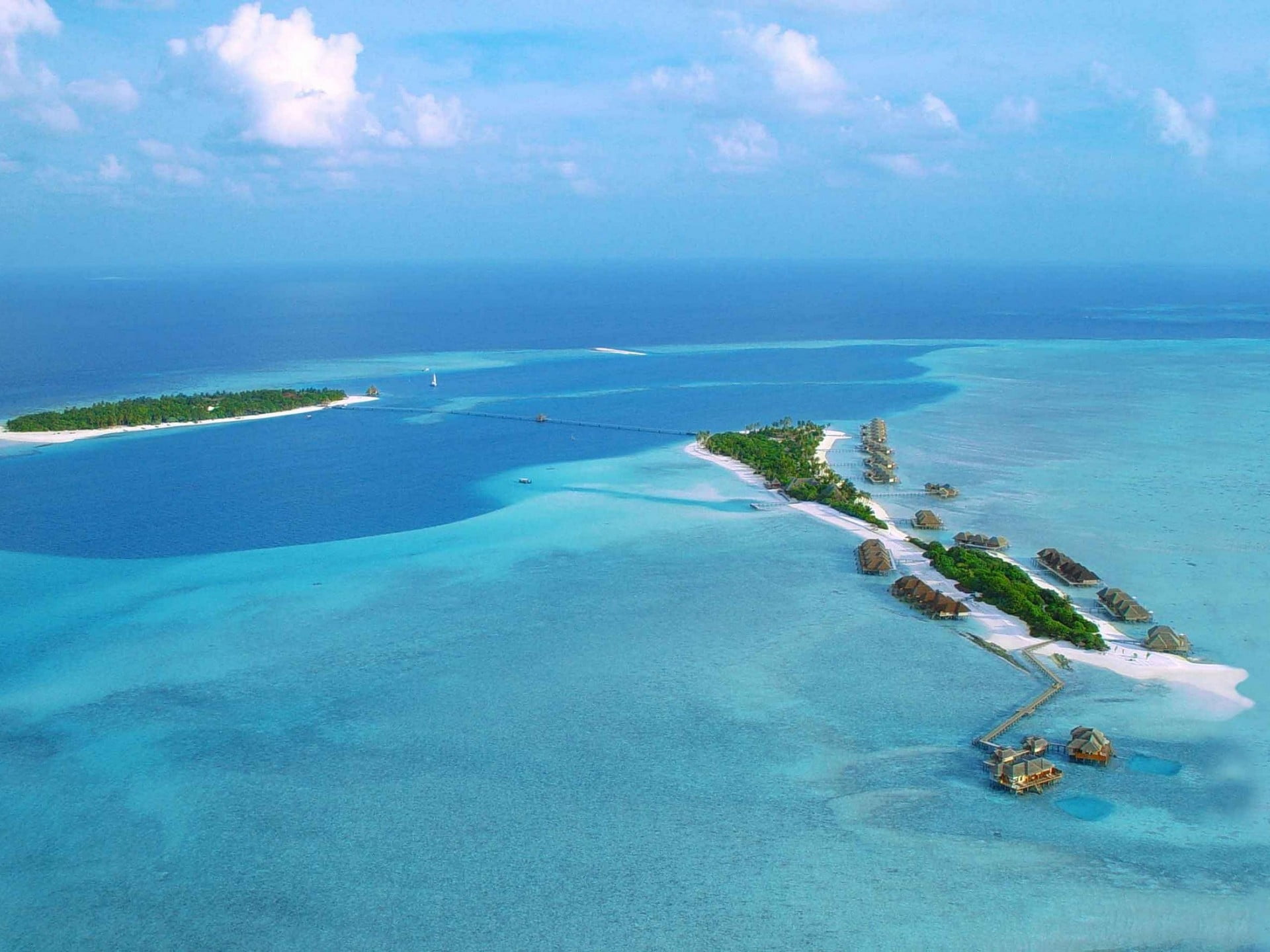 horizon over water, sky, tranquil scene, no people, tranquility, aerial view, blue, water, beach, luxury, transportation, tropical climate, land, turquoise colored, HD Wallpaper