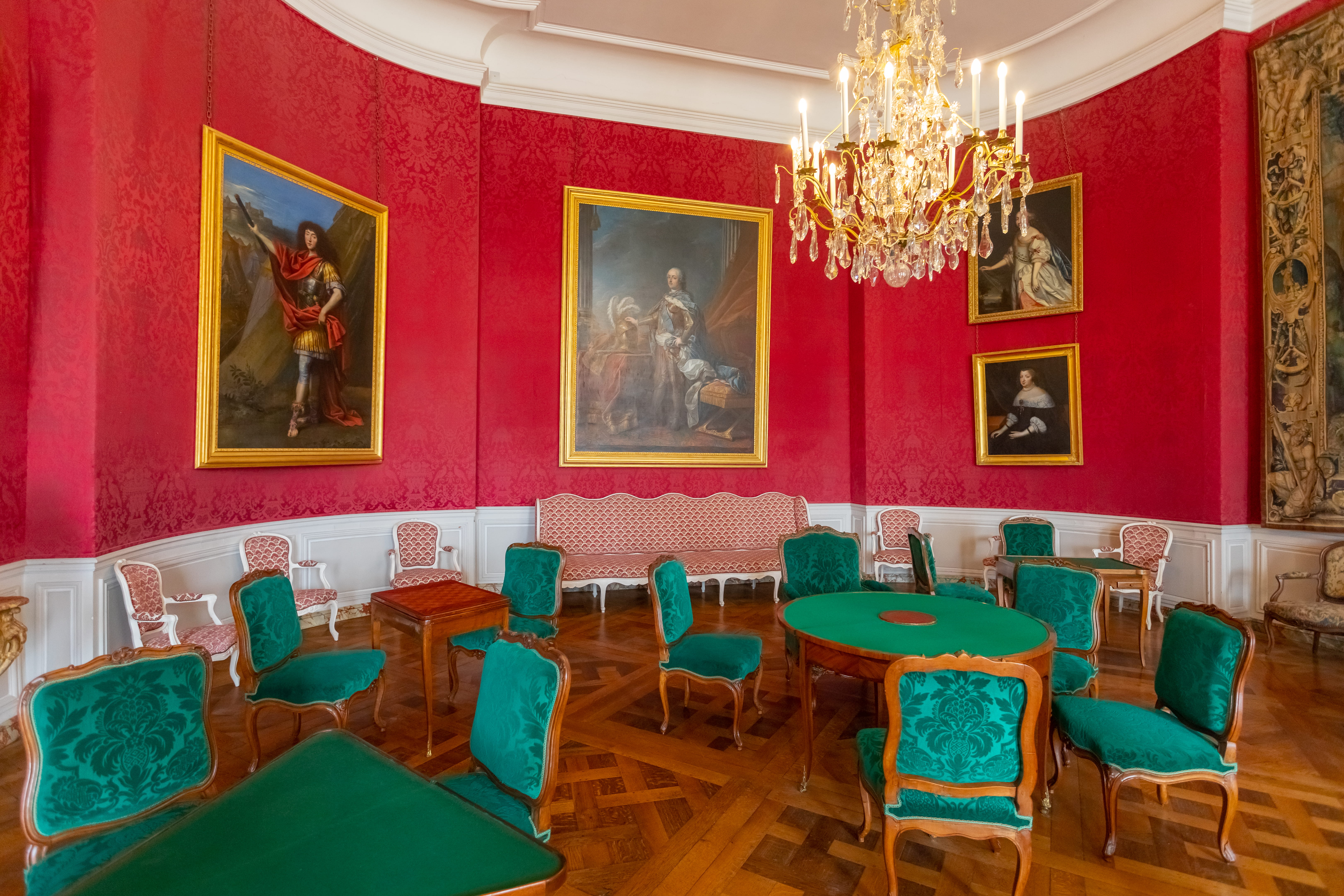 indoors, chambord, frame, furniture, red, empty, paint, formal reception, salon dapparat, loire valley, paintings, lighting equipment, château de chambord, HD Wallpaper