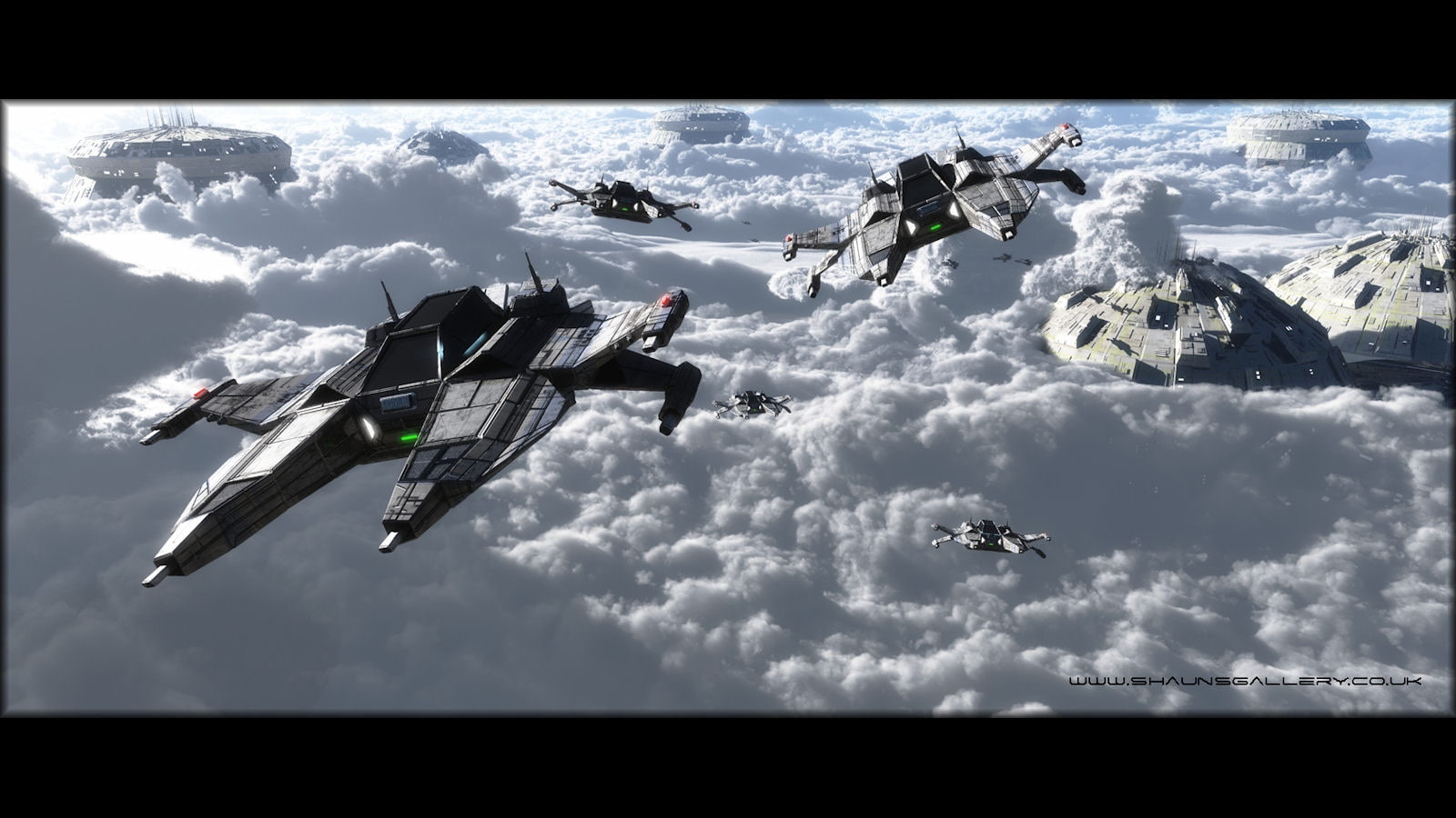 space, Clouds, 720P, fleet, planets, art, fighters, attack, buildings, scifi, hd, HD Wallpaper
