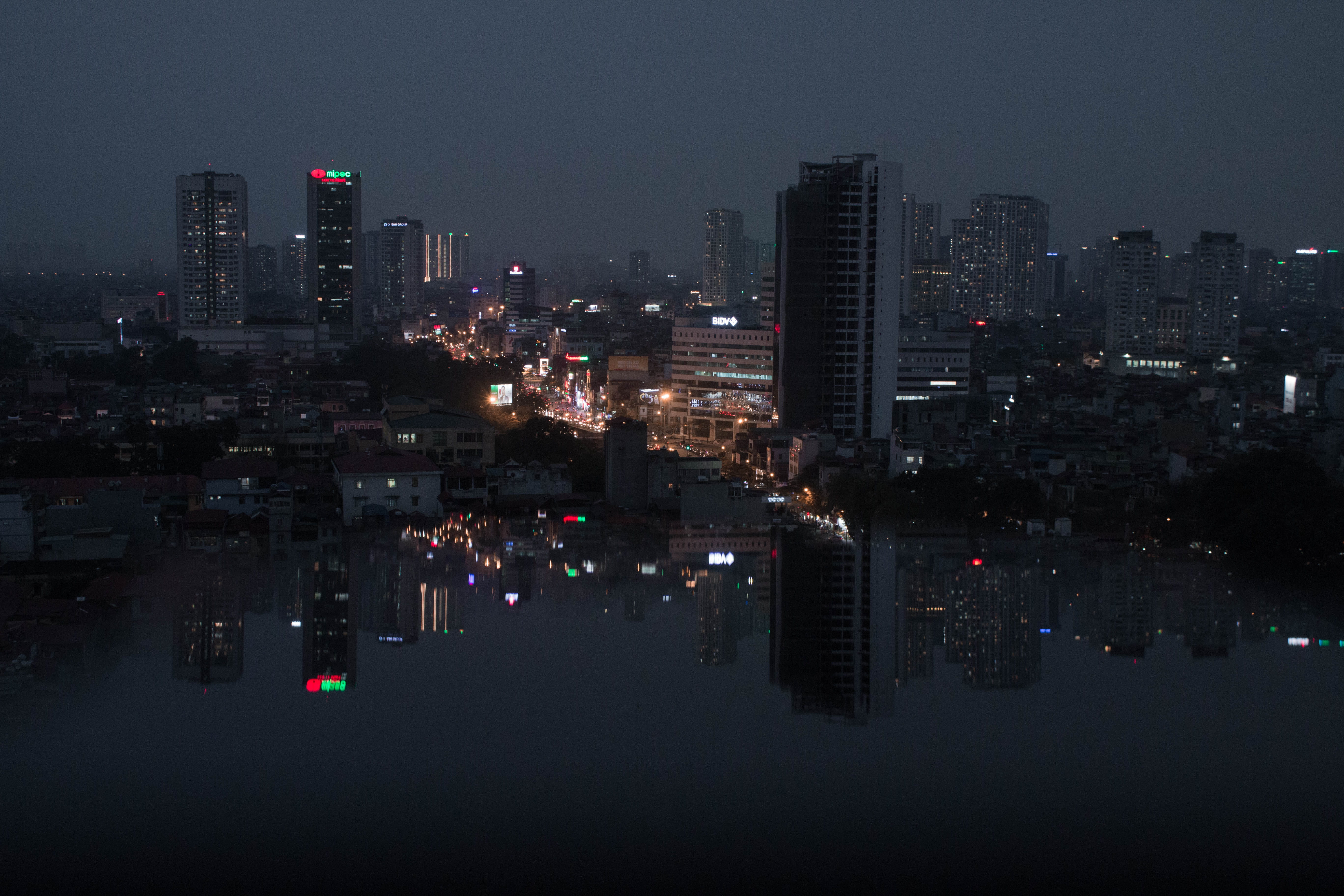 reflect, building exterior, no people, built structure, architecture, skyscraper, cityscape, tall - high, light, illuminated, water, modern, 5K, hanoi, HD Wallpaper