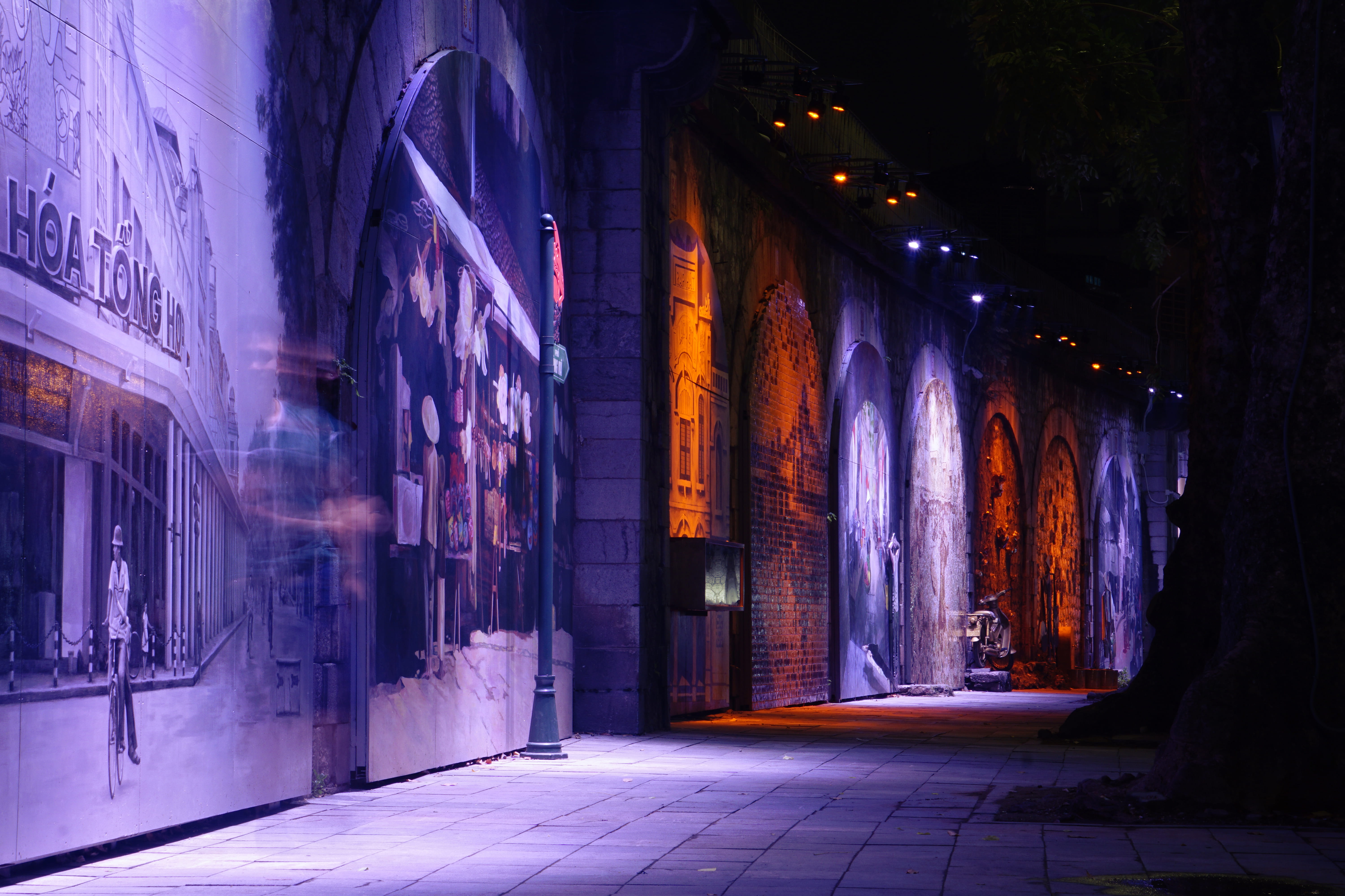 building exterior, city, purple, empty, no people, wall - building feature, street, multi colored, hanoi, 5K, illuminated, footpath, built structure, direction, HD Wallpaper