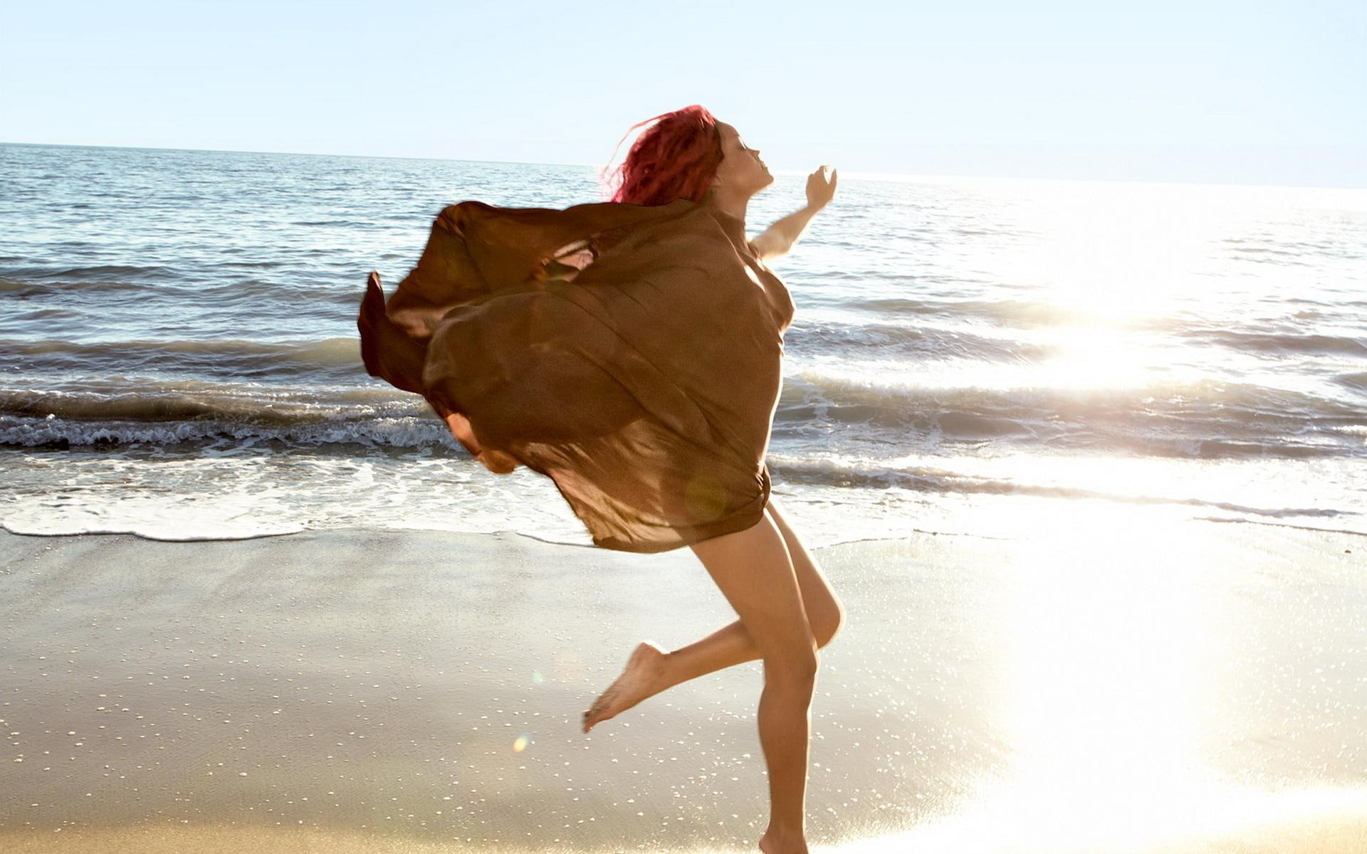 scarf, breeze, women, woman, fashion, pretty, babe, brown, dreaming, beach, s, female, waves, goddess, 1080P, angel, sweet, enchanting, HD Wallpaper