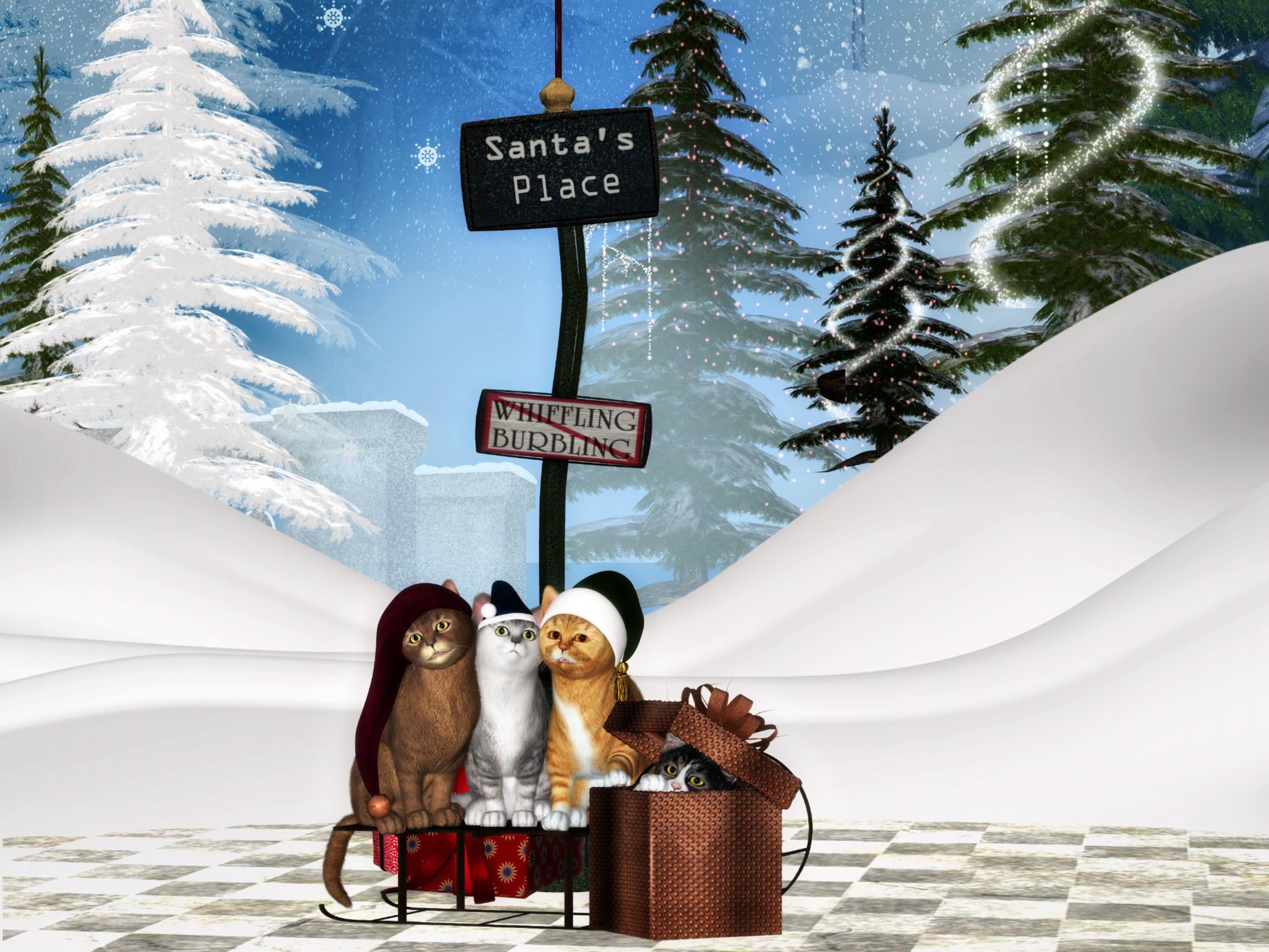 2K, snow, s, santa, magic christmas, pretty, clouds, place, christmas tree, gift, white, dream, sweet, cats, HD Wallpaper