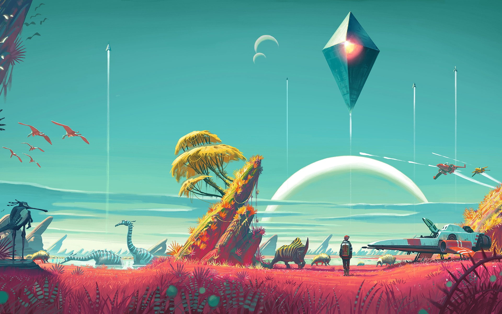 concept art, video games, vertebrate, art and craft, mid-air, outdoors, sky, digital composite, celebration, architecture, animal, no people, fantasy art, HD Wallpaper