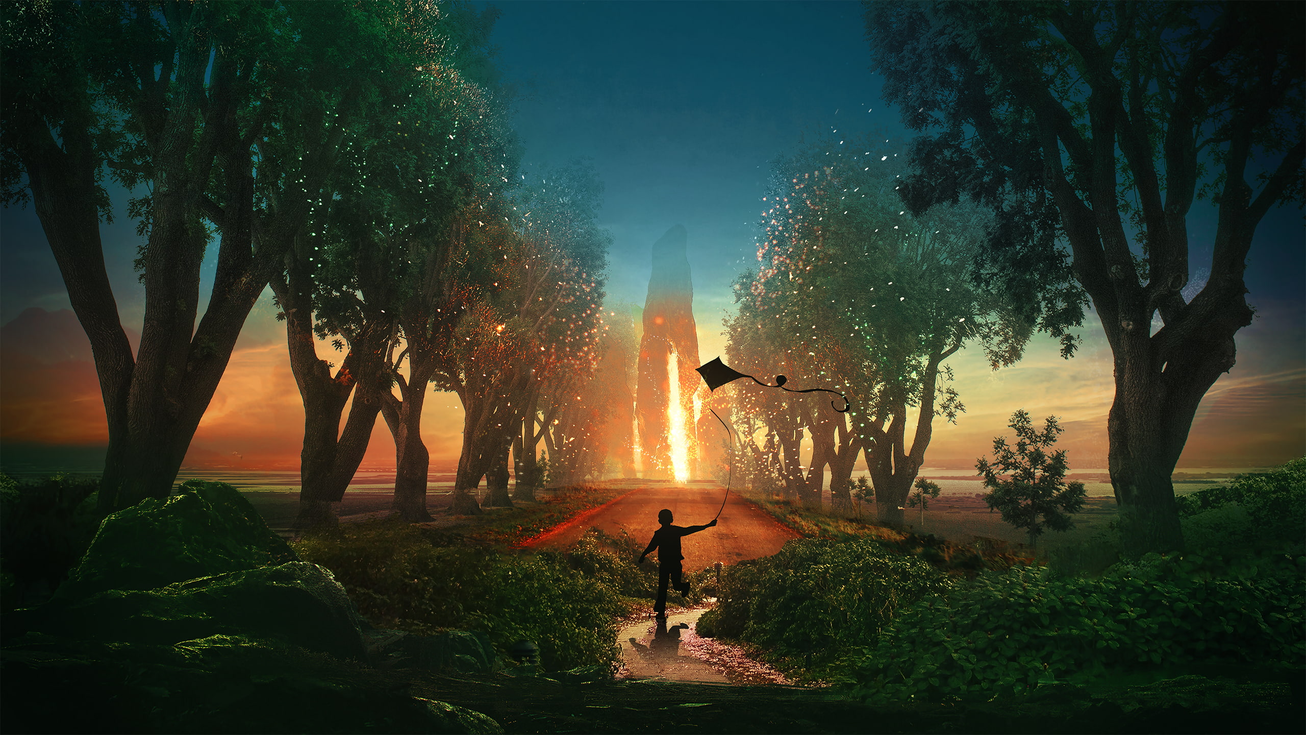 2K, Golden Hour, silhouette, digital art, kites, sunset, children, landscape, HD Wallpaper