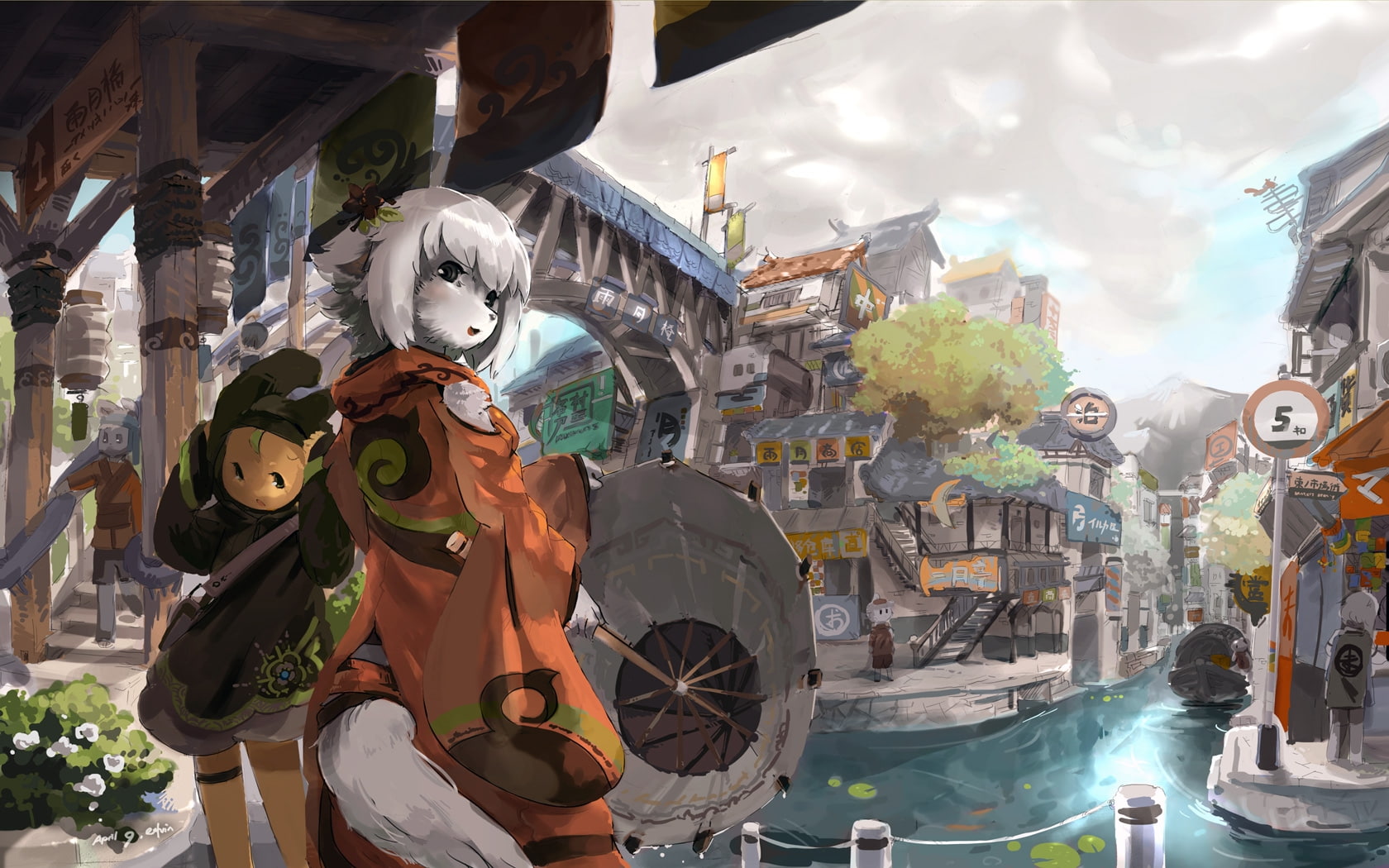 shading, umbrella, japan, anthropomorphism, fandom, furry, x, anthro, umbrellas, anime, soft, 720P, wallpape, art, cities, hd, HD Wallpaper
