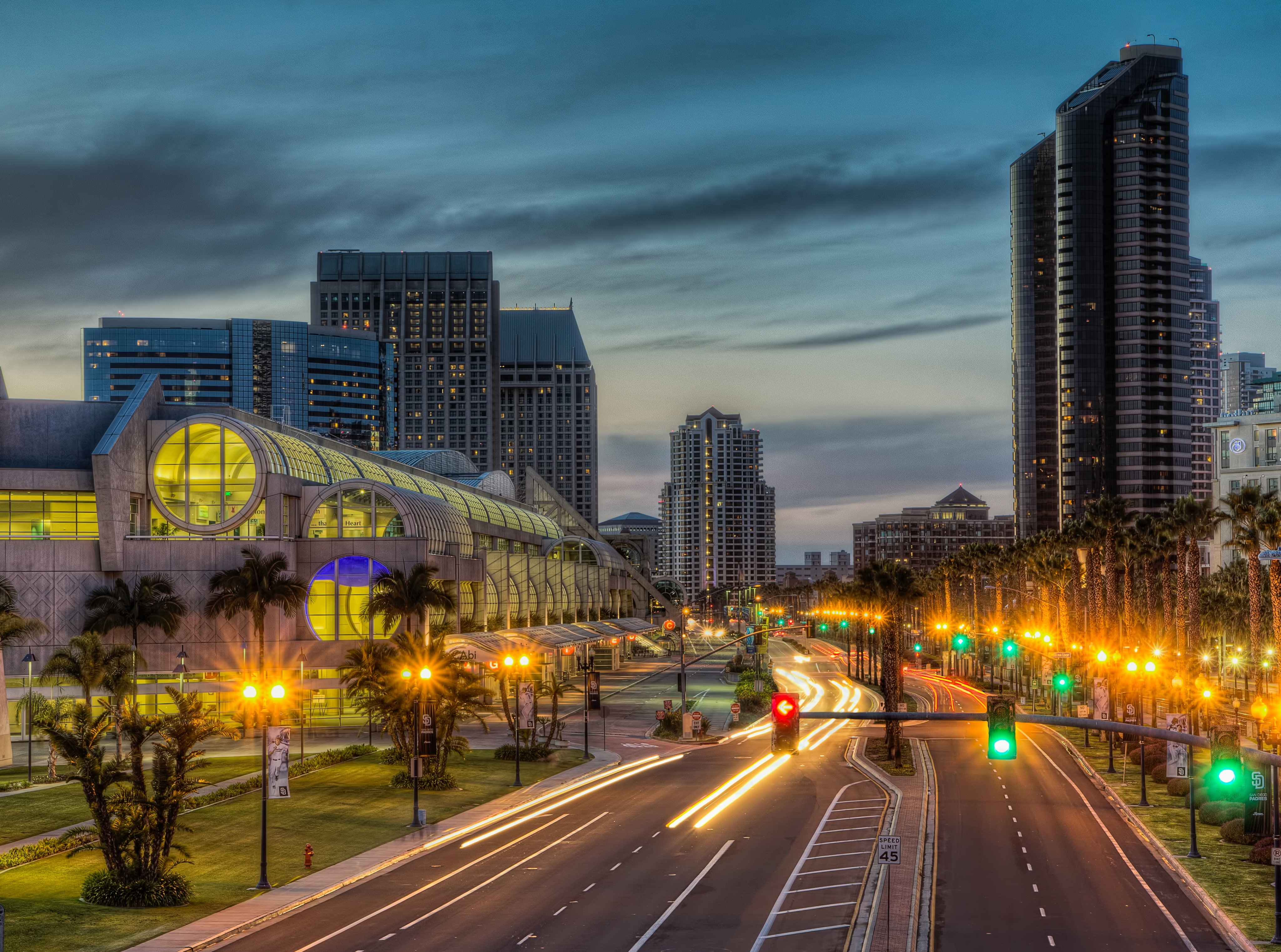 Dusk, building exterior, skyscraper, city, center, transportation, land vehicle, financial district, concrete, office building exterior, Convention Expansion, HD Wallpaper