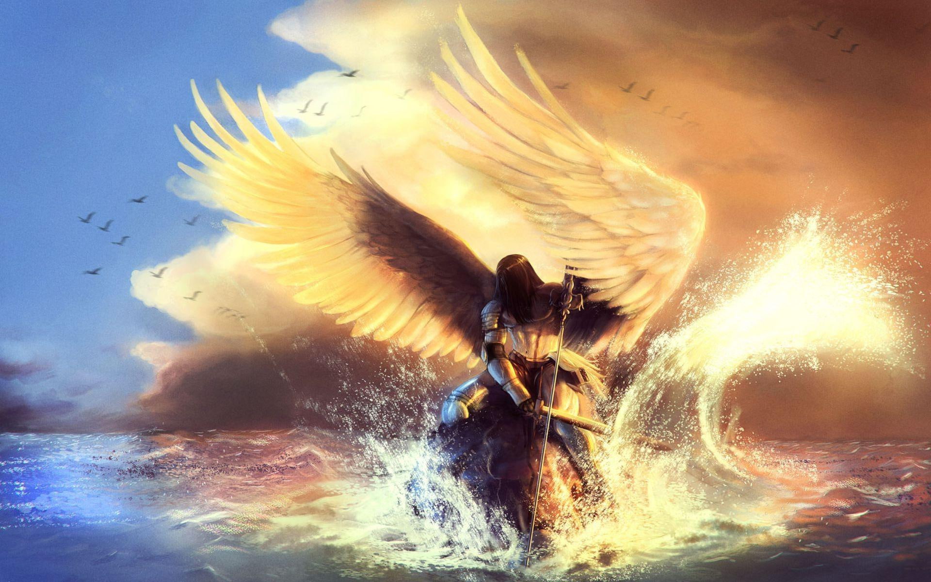 angel, water, 1080P, cloud, ocean, holding, body, 1920x1200, fantasy, photo, sword, landing, HD Wallpaper