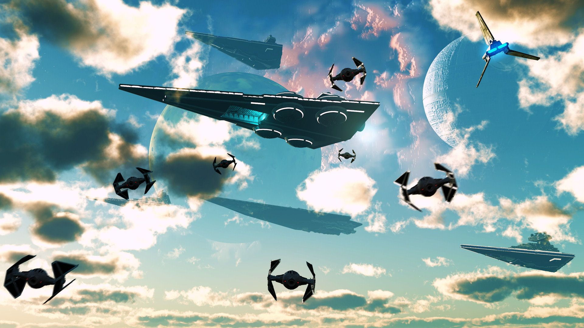 wars, video games, assorted, drones, hd, spaceships, star, 1080P, clouds, HD Wallpaper
