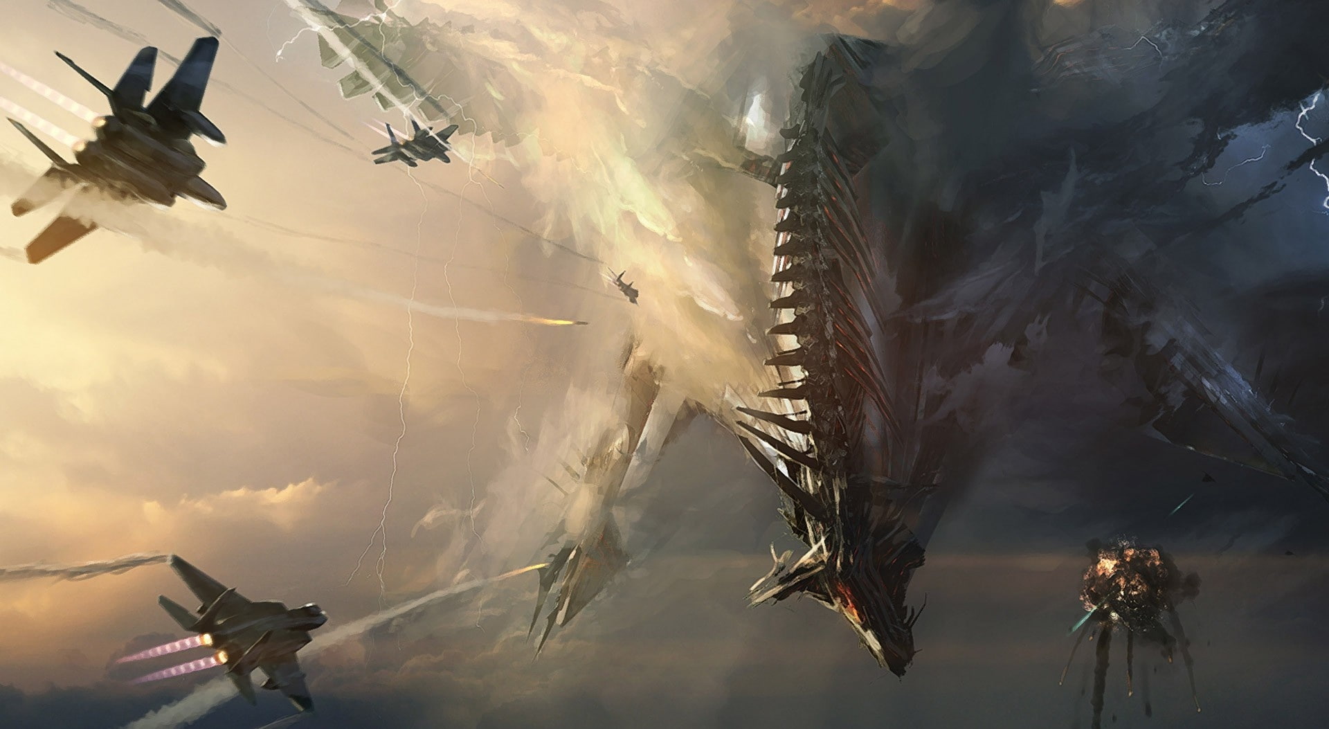 Artistic, fi, airplane, helicopter, Fantasy, no people, sci, cloud - sky, sky, battleship, plane, outdoors, Dragon, low angle view, fighter plane, military, HD Wallpaper
