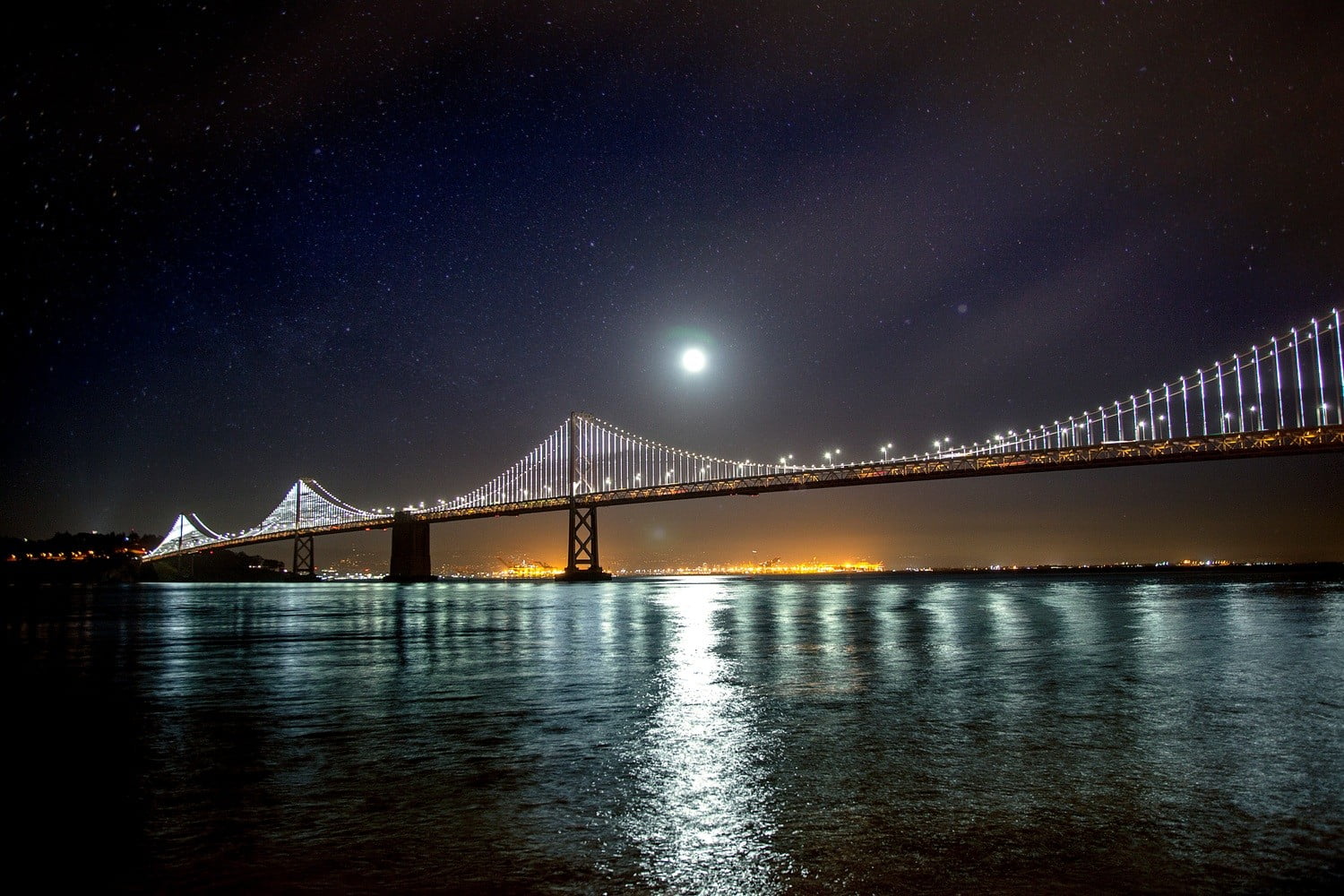 transportation, sky, bridge - man made structure, waterfront, bay, night, outdoors, water, scenics - nature, astronomy, white, space, long, engineering, HD Wallpaper