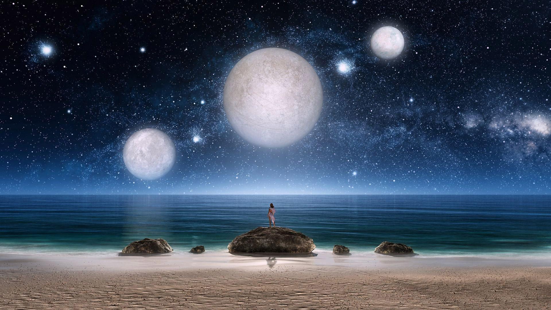 ocean, fantasy, blue, 1080P, woman, planet, sea, planets, night, star, sky, 1920x1080, HD Wallpaper