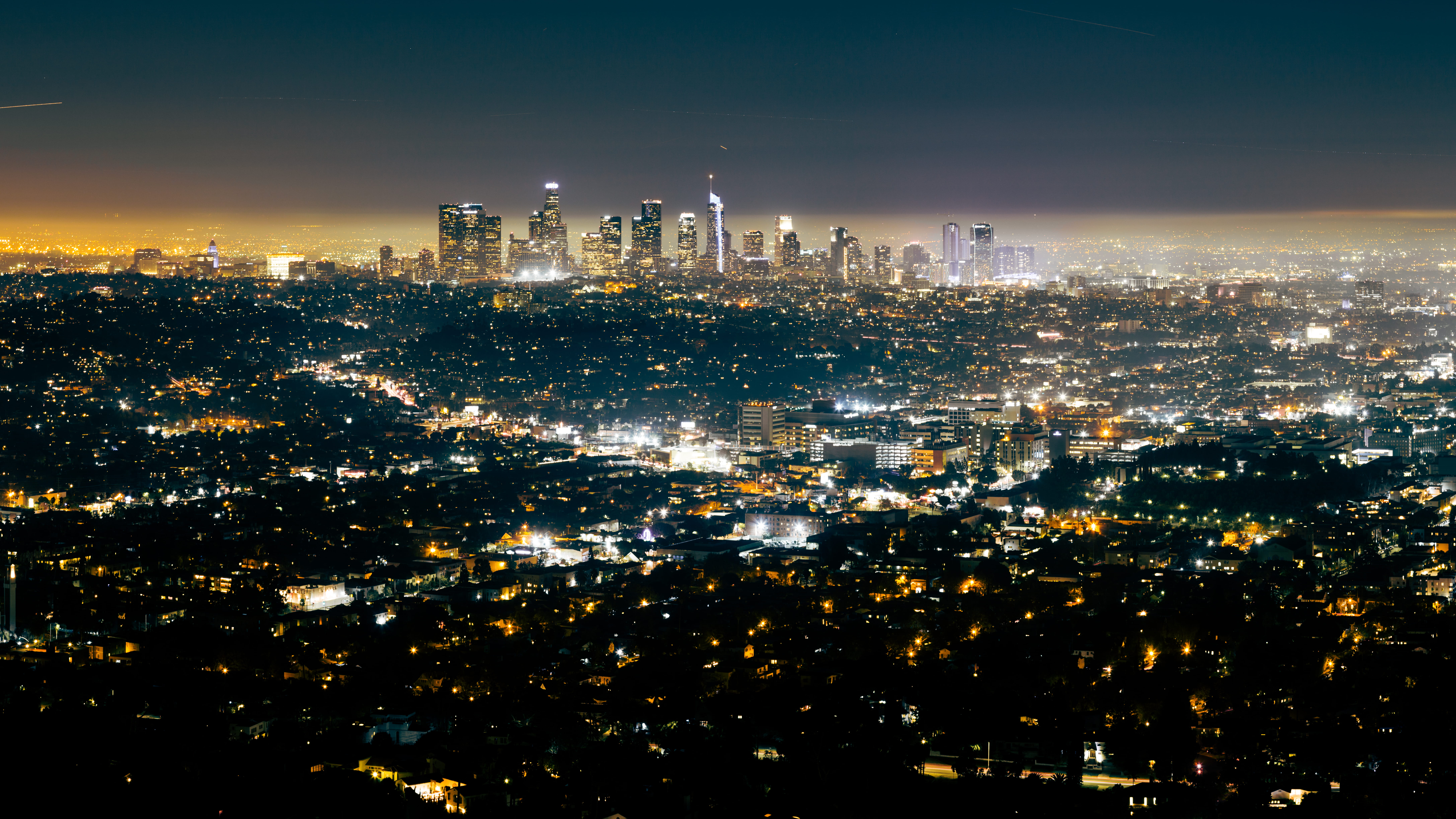 skyline, downtown, los angeles, scenery, modern, united states, metropolis, urban skyline, sky, residential district, night, building, aerial view, pollution, HD Wallpaper