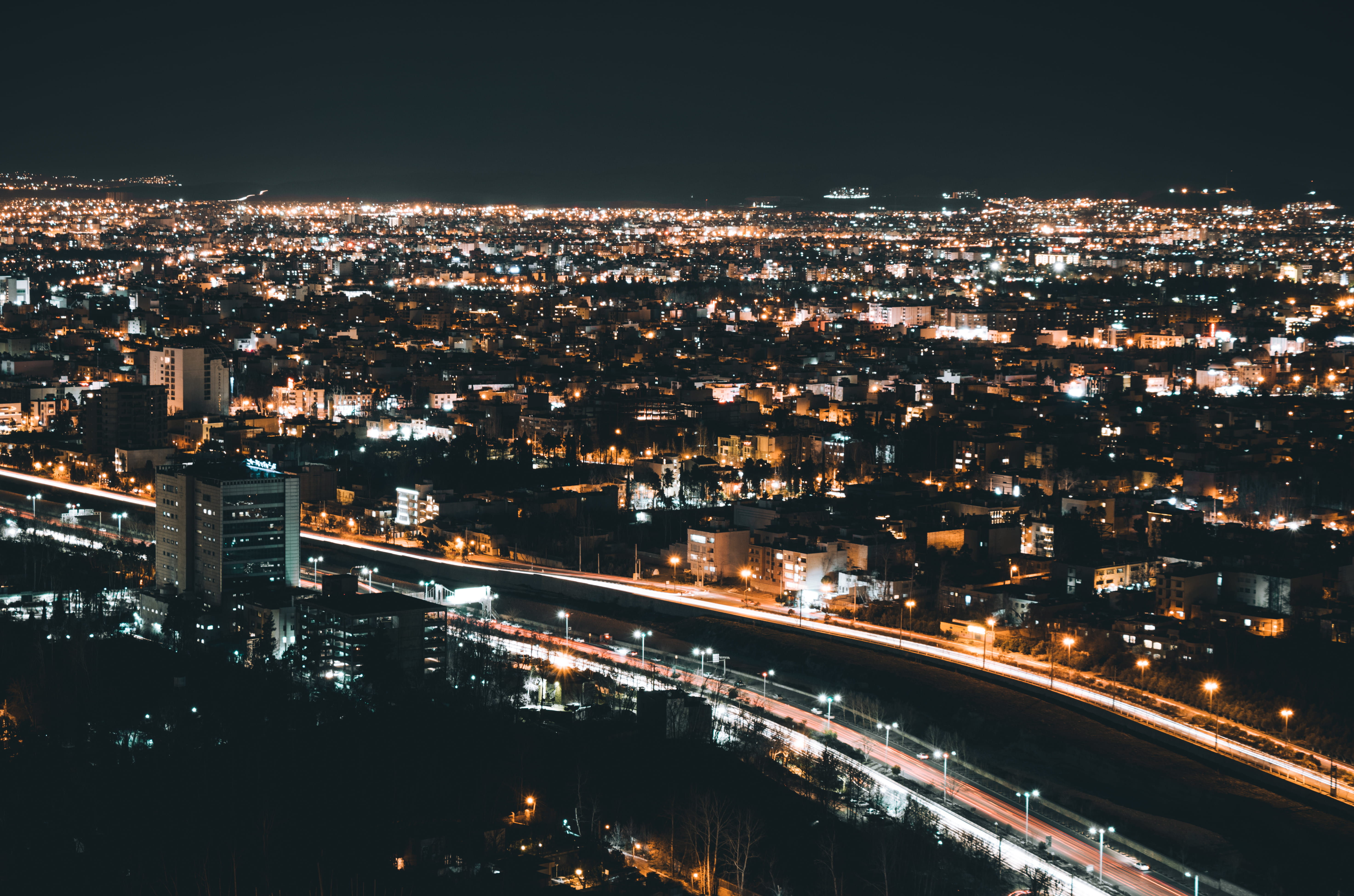 city, illuminated, transportation, architecture, high angle view, street, intersection, crowded, 5K, downtown, shiraz, way, night, road, crowd, metropolis, HD Wallpaper