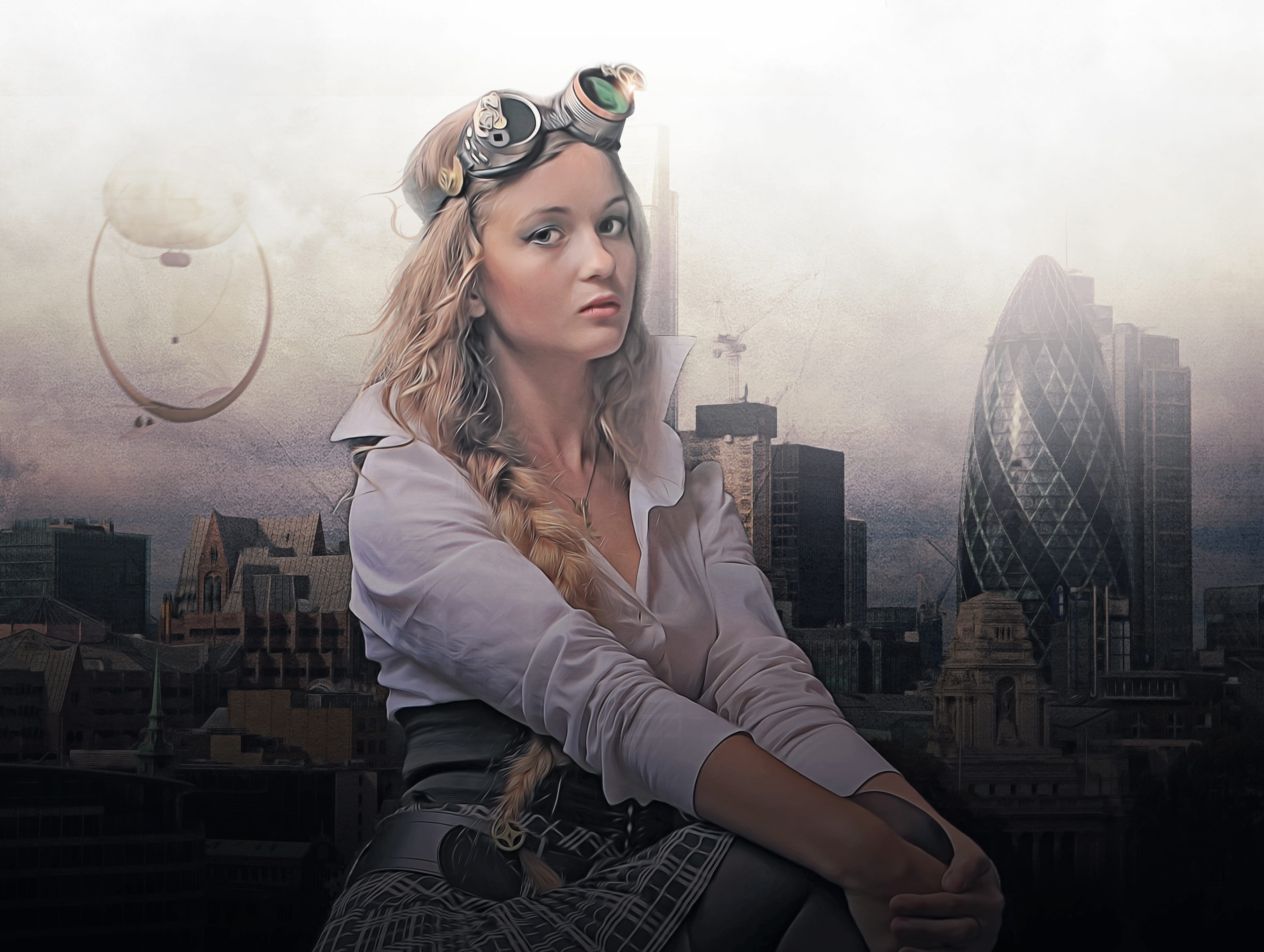 waist up, portrait, photoshop, looking at camera, contemplation, sci-fi, glasses, design, blond hair, beautiful woman, book cover, built structure, architecture, HD Wallpaper