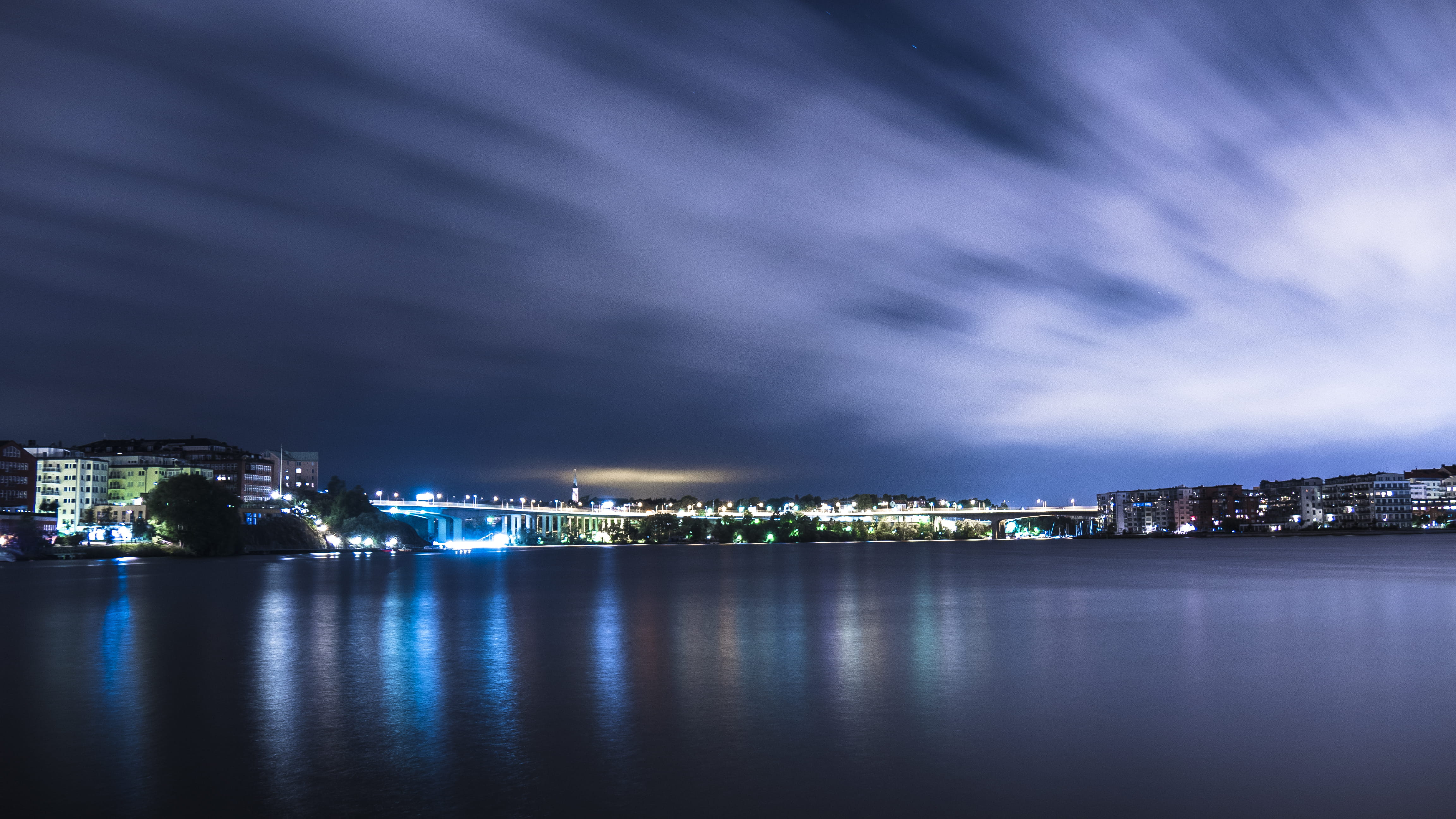 buildings, nightlife, blue, illuminated, skyscraper, white, outdoors, Skyline, travel destinations, office building exterior, light, dark sky, river, sea, HD Wallpaper