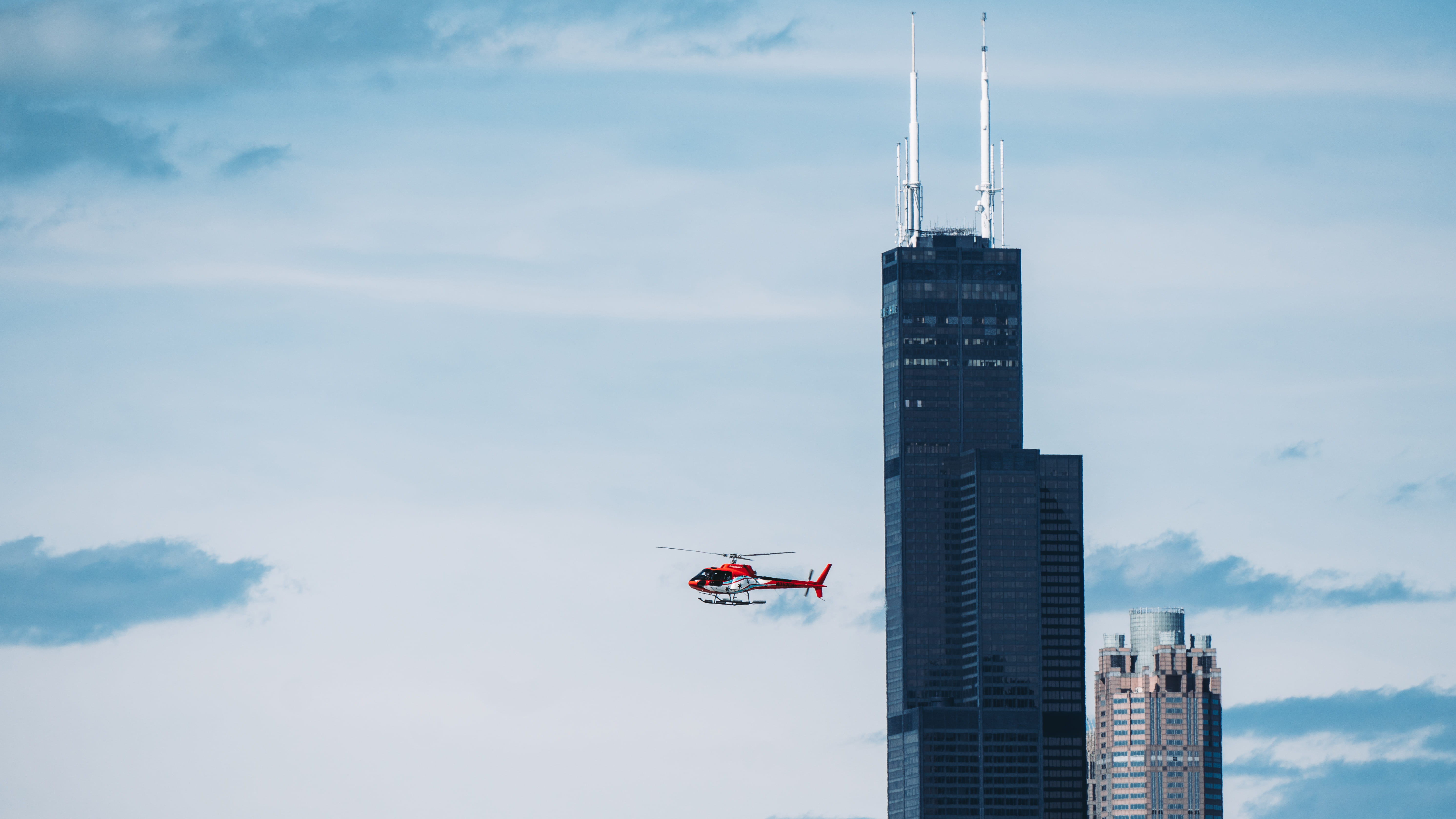 no people, steel, office, day, building, 5K, cloud - sky, office building, buildings, outdoors, glass panels, flying, nature, city, skyline, tall - high, HD Wallpaper