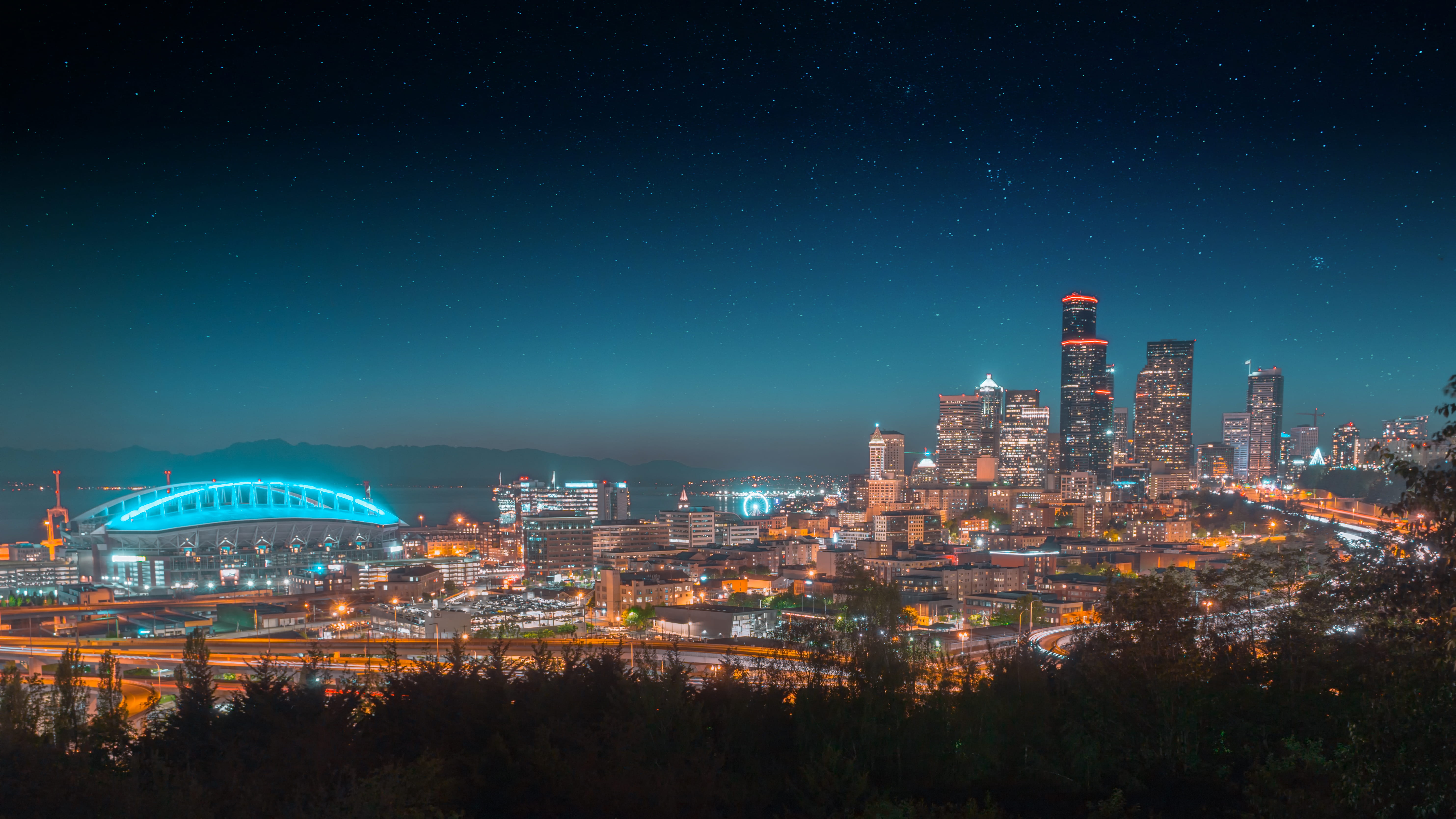 nighttime, downtown, residential district, bridge, sky, nature, cityscape, scenic, office building exterior, travel destinations, city, sunset, city lights, HD Wallpaper