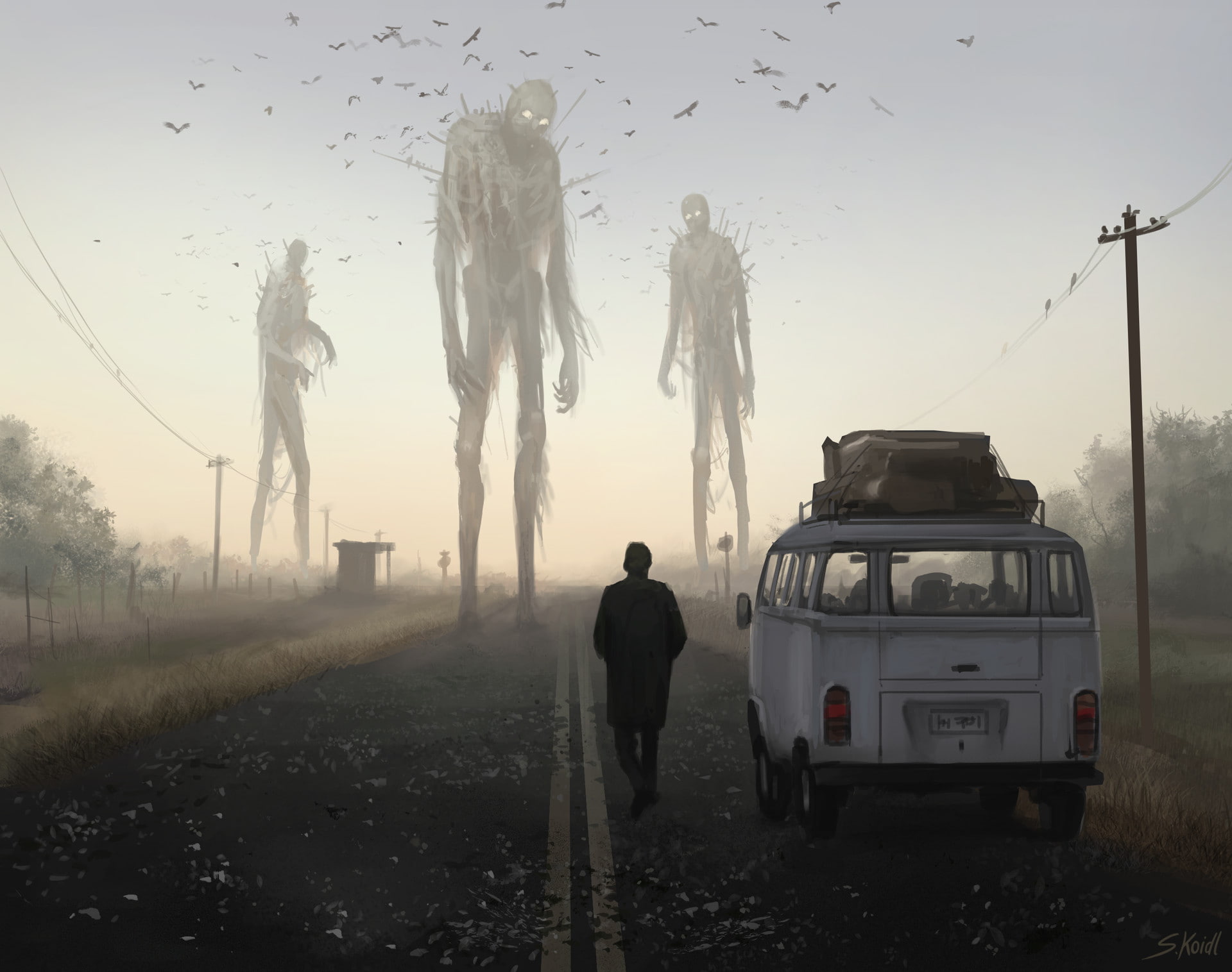 1080P, standing, lifestyles, transportation, people, rear view, land, Stefan Koidl, nature, road, artwork, city, giant, field, outdoors, motor vehicle, HD Wallpaper