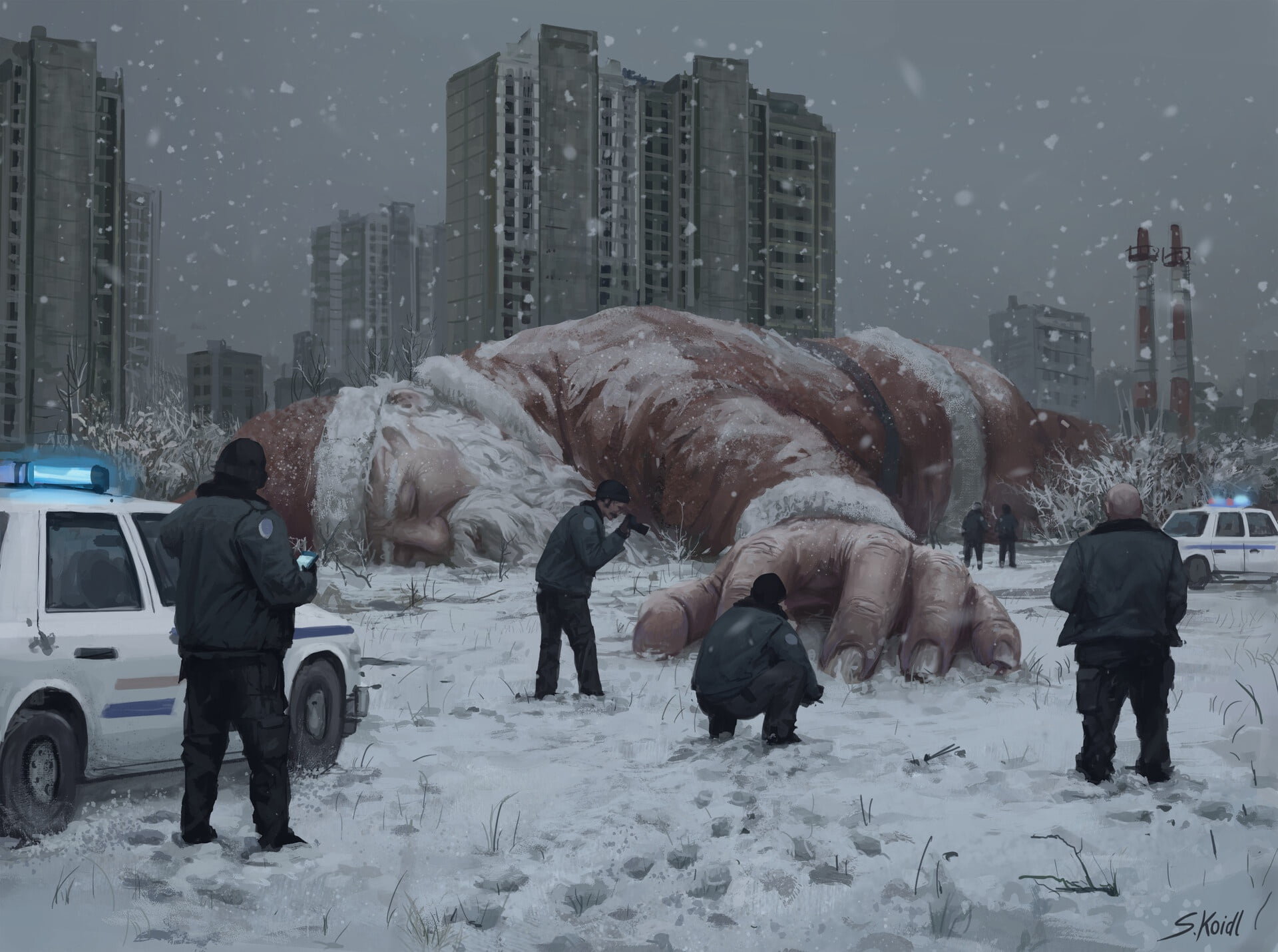 Stefan Koidl, Crime Scene, police, Santa Claus, concept art, snow, 1080P, HD Wallpaper