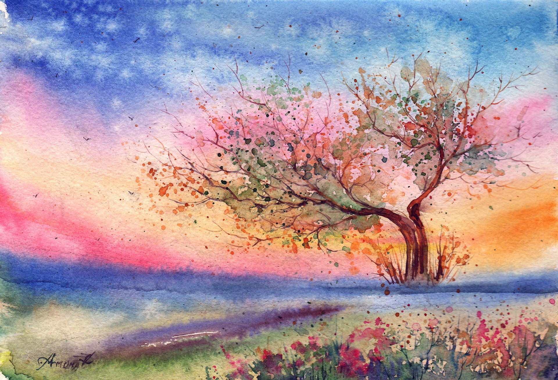 yellow, day, grunge, color Image, no people, colors, illustration, backdrop, holi, art, blue, watercolor Painting, environment, paint, leafed, sky, purple, HD Wallpaper