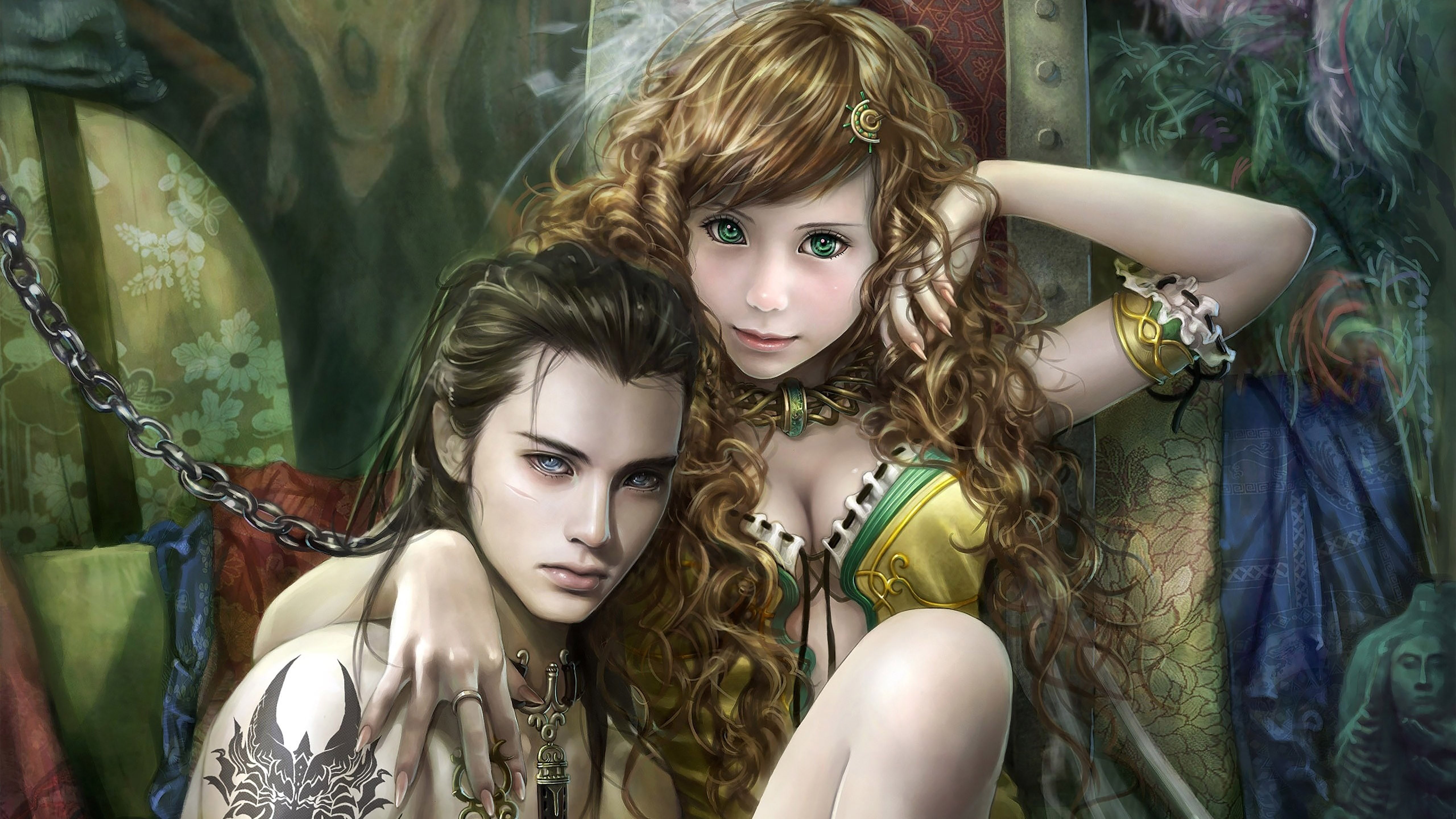 white, room, 4k, ultrahd, Ring, Golden, Curly, Green, couple, Fingers, hd, 5120x2880 px, Large, haired, black, Male, 5K, eyes, Torso, female, Long, angels, HD Wallpaper