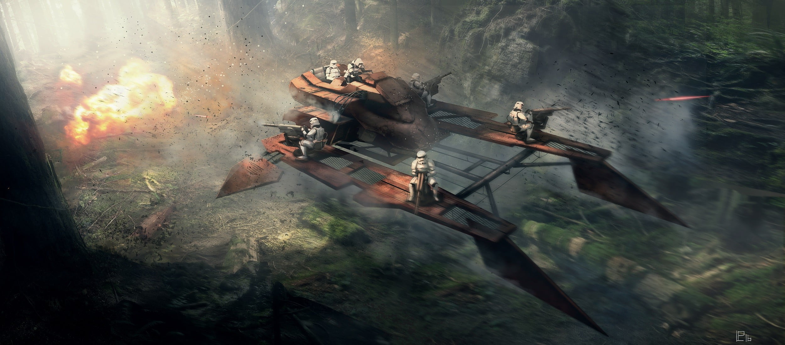 outdoors, transportation, fire, smoke - physical structure, science fiction, illustration, men, high angle view, black, real people, day, 1080P, Storm Troopers, HD Wallpaper