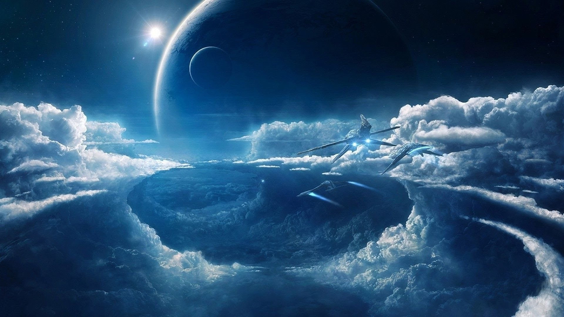 sky, digital, night, spacecrafts, sea, science fiction, 1080P, environment, digital composite, moon, power in nature, nature, three, water, cloud - sky, HD Wallpaper