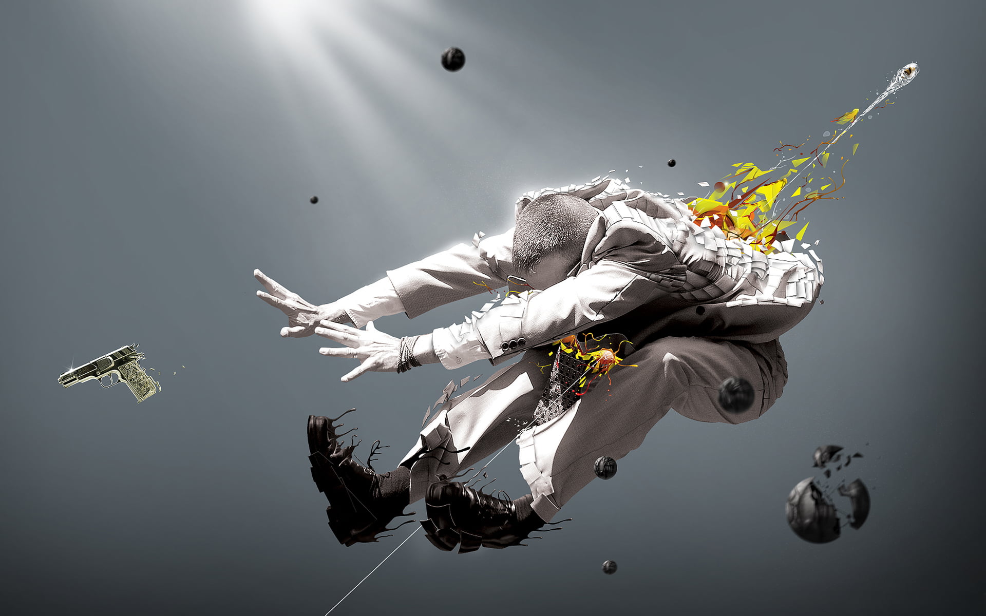 bullet, full length, gray, mid-air, gun, nature, illustration, adult, people, one person, flying, studio shot, sky, falling, hit, jumping, digital composite, HD Wallpaper