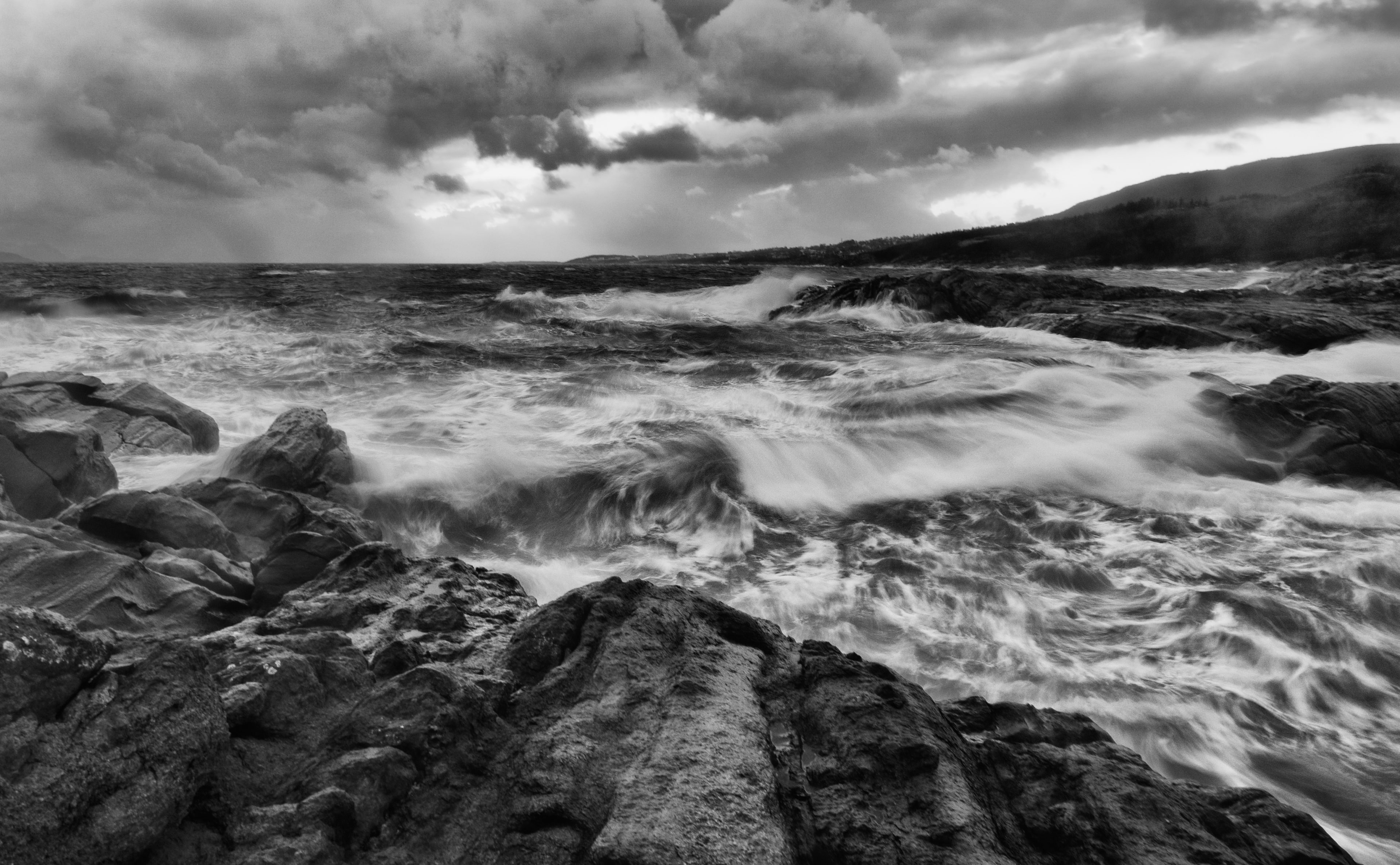 motion, aquatic sport, Black and White, no people, rock - object, sky, flowing water, 4K, power in nature, scenics - nature, Norway, beauty in nature, HD Wallpaper