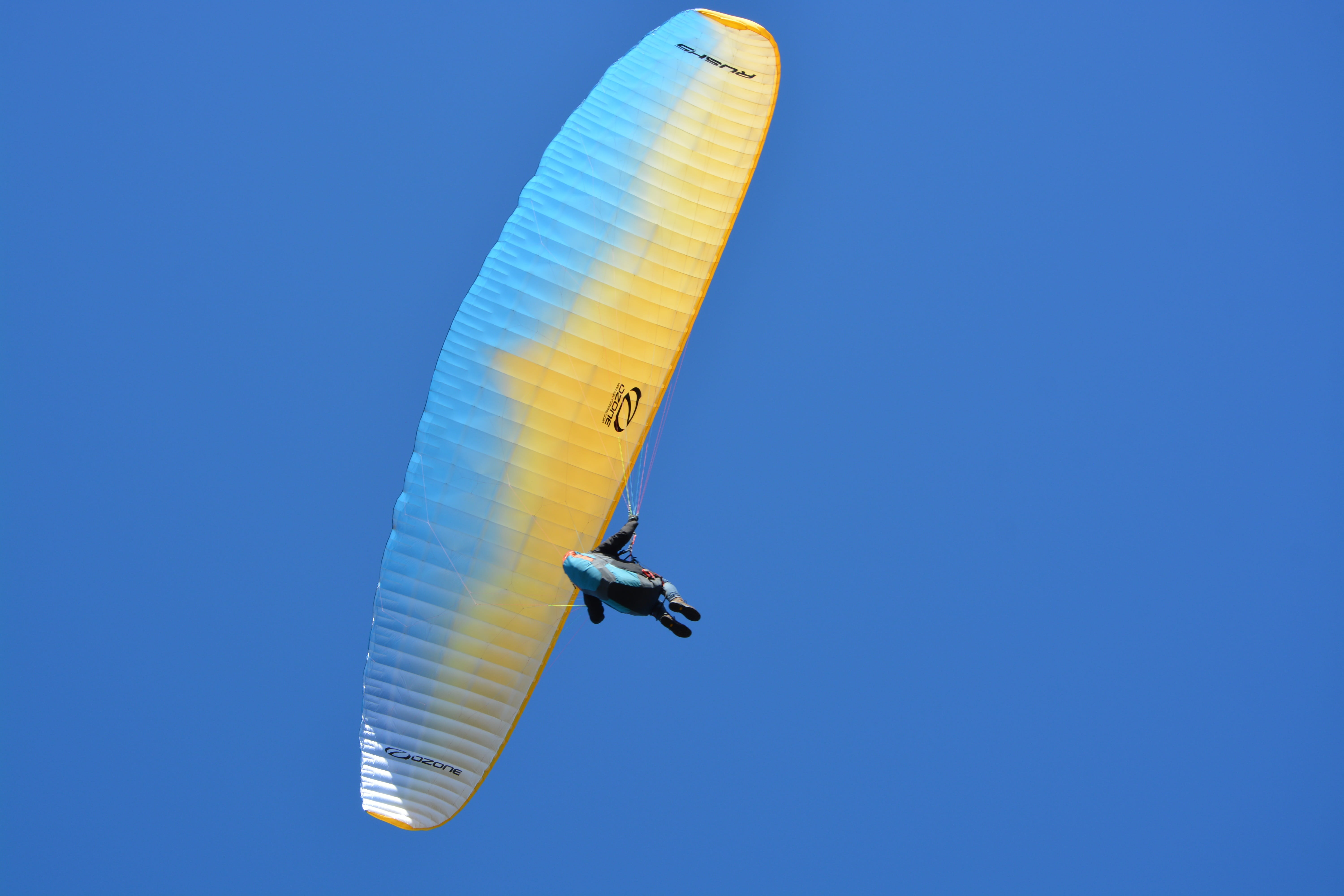 transportation, exhilaration, joy, safety harness, blue, paraglider, sailing blue yellow ozone rush5, extreme sports, blue sky, activity, sport, sky, côte darmor plérin france, HD Wallpaper