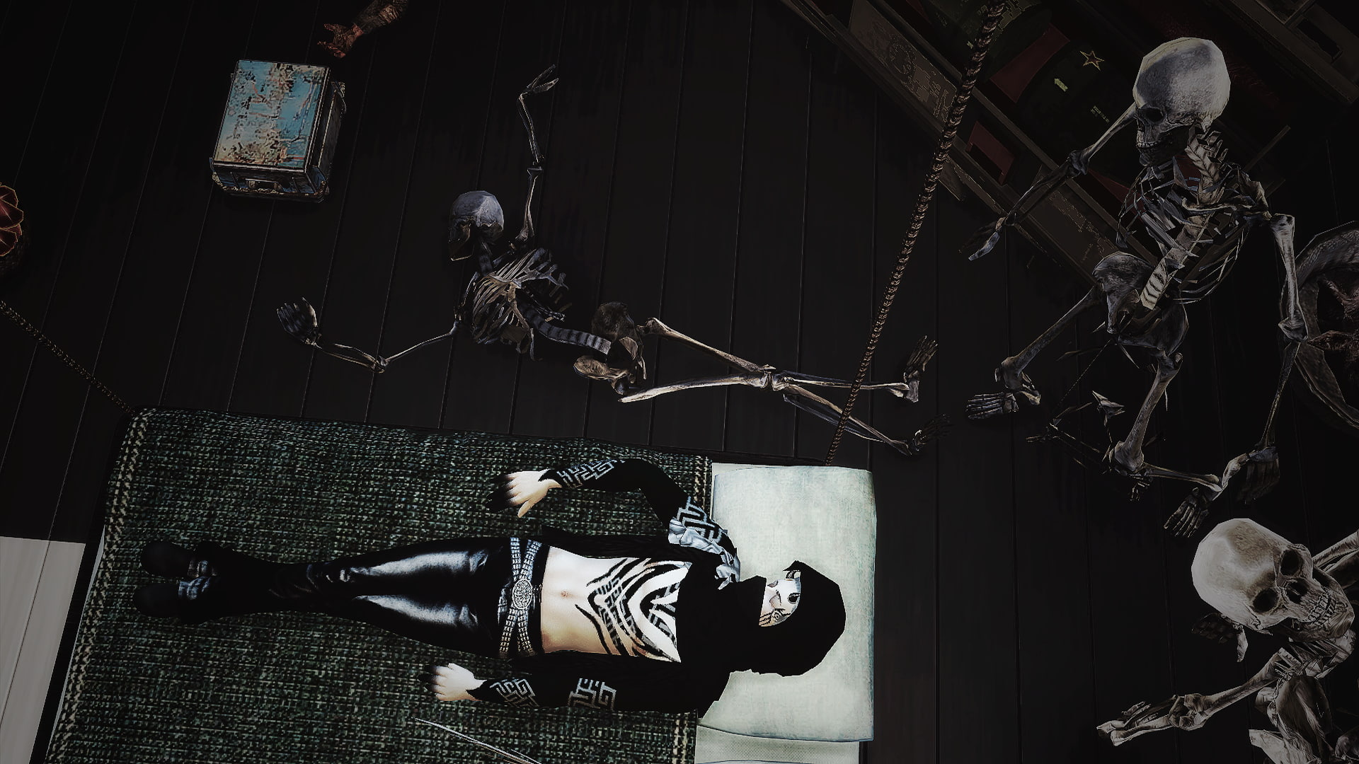 The Sims, table, representation, indoors, still life, pattern, domestic room, skeleton, clothing, 1080P, furniture, human representation, high angle view, HD Wallpaper